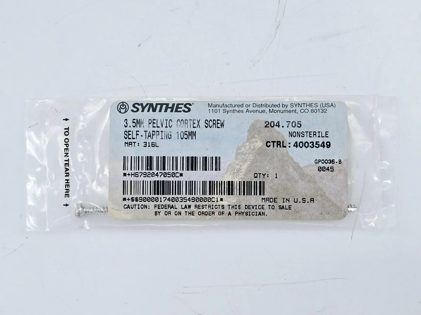 Synthes 204.705 3.5mm Pelvic Cortex Screw Self-Tapping 105mm - Image 2