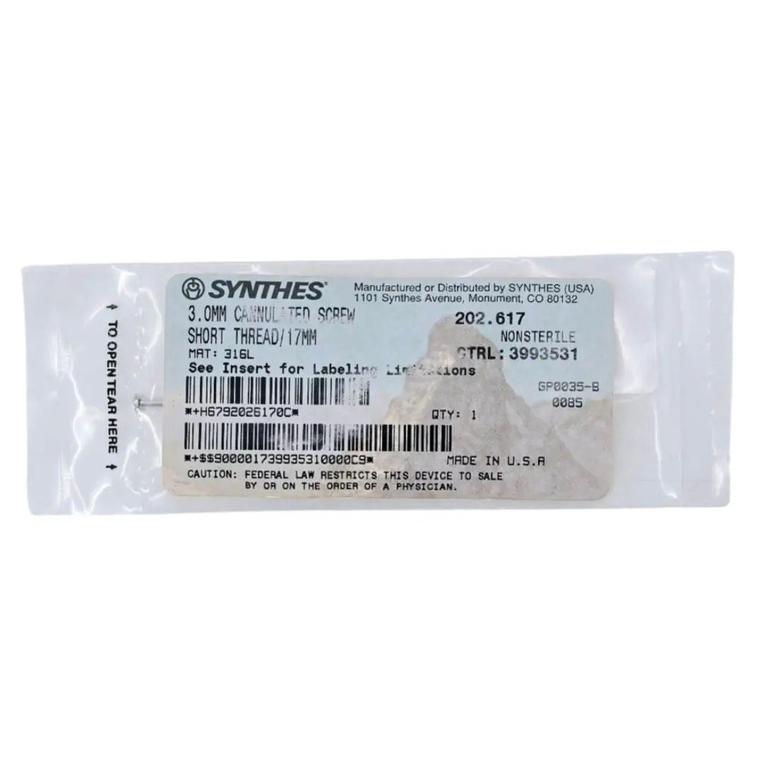 Synthes 202.617 3.0mm Cannulated Screw Short Thread/17mm