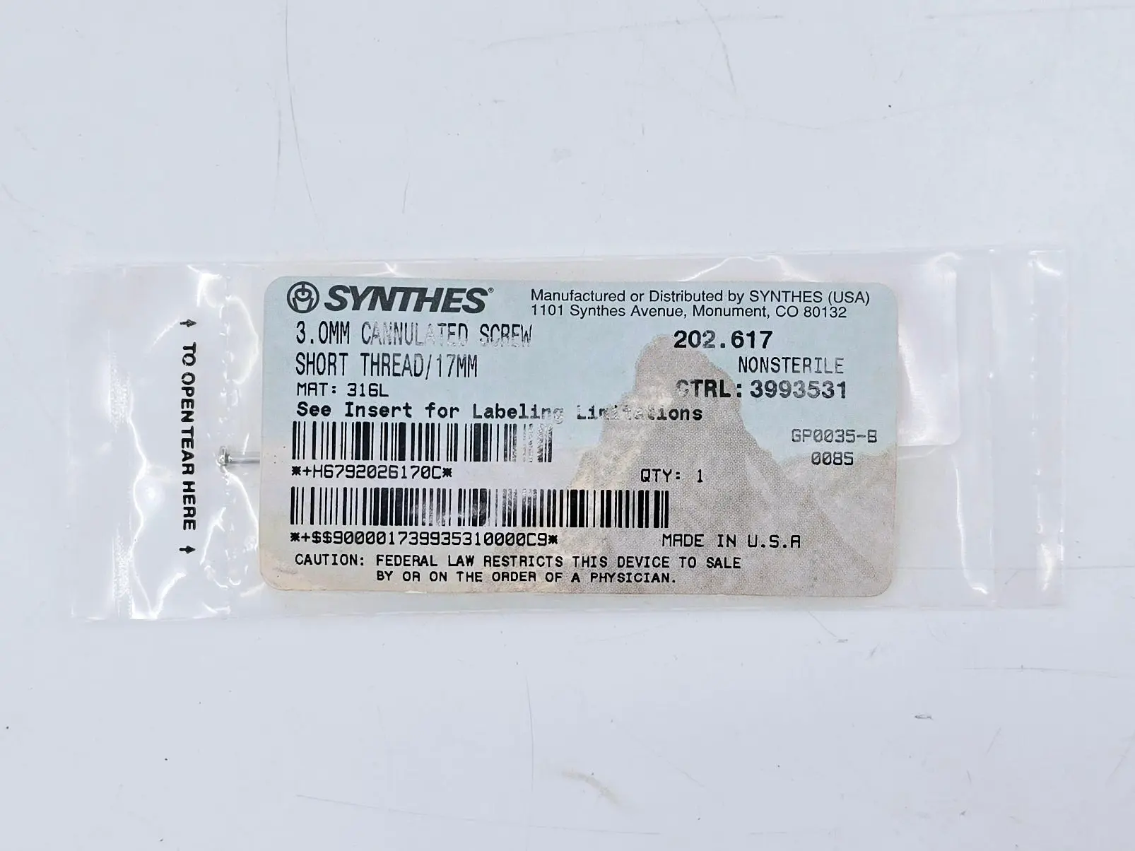 Synthes 202.617 3.0mm Cannulated Screw Short Thread/17mm - Image 2
