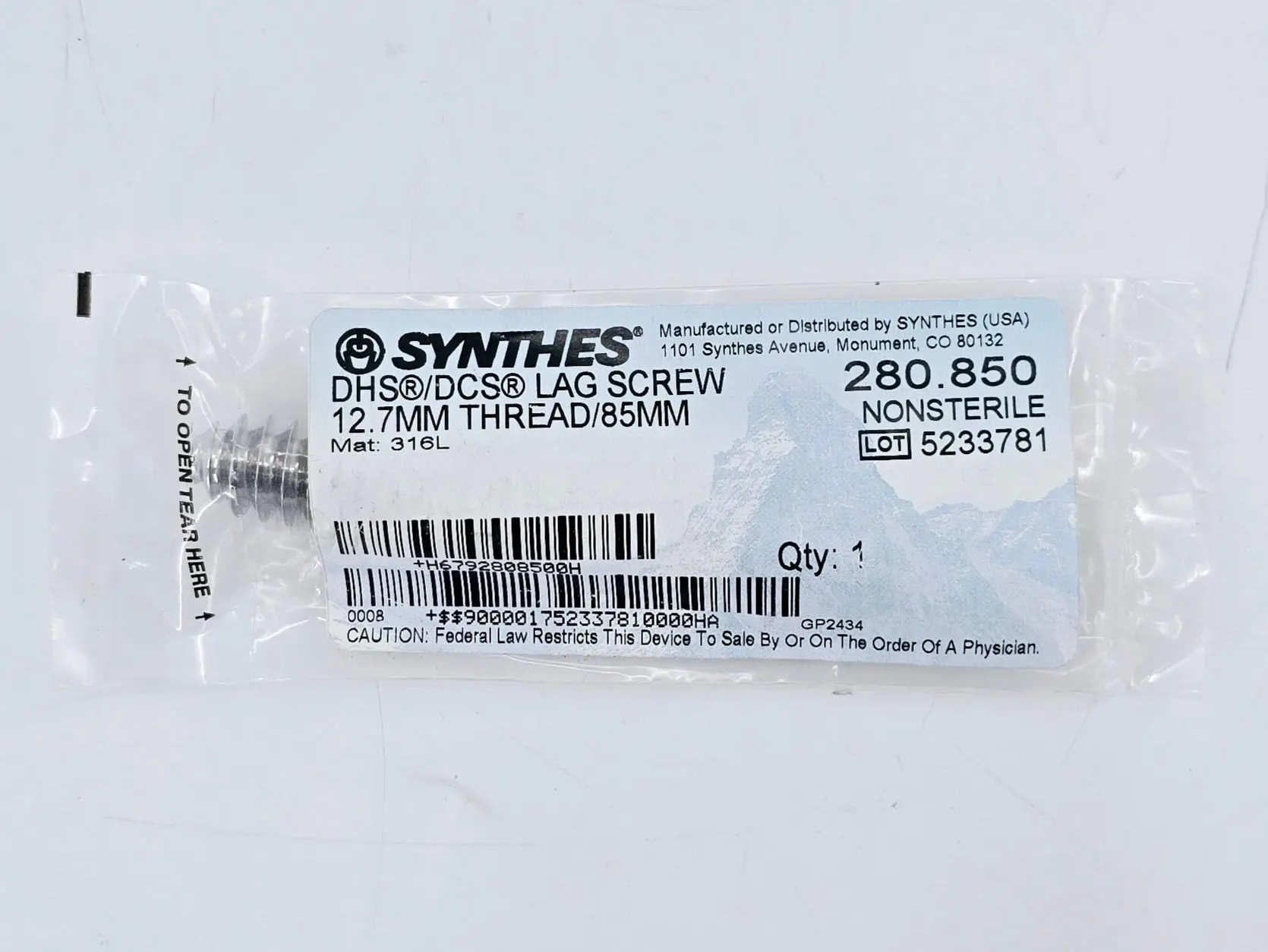 Synthes 280.850 DHS/DCS Lag Screw 12.7mm Thread/85mm - Image 2
