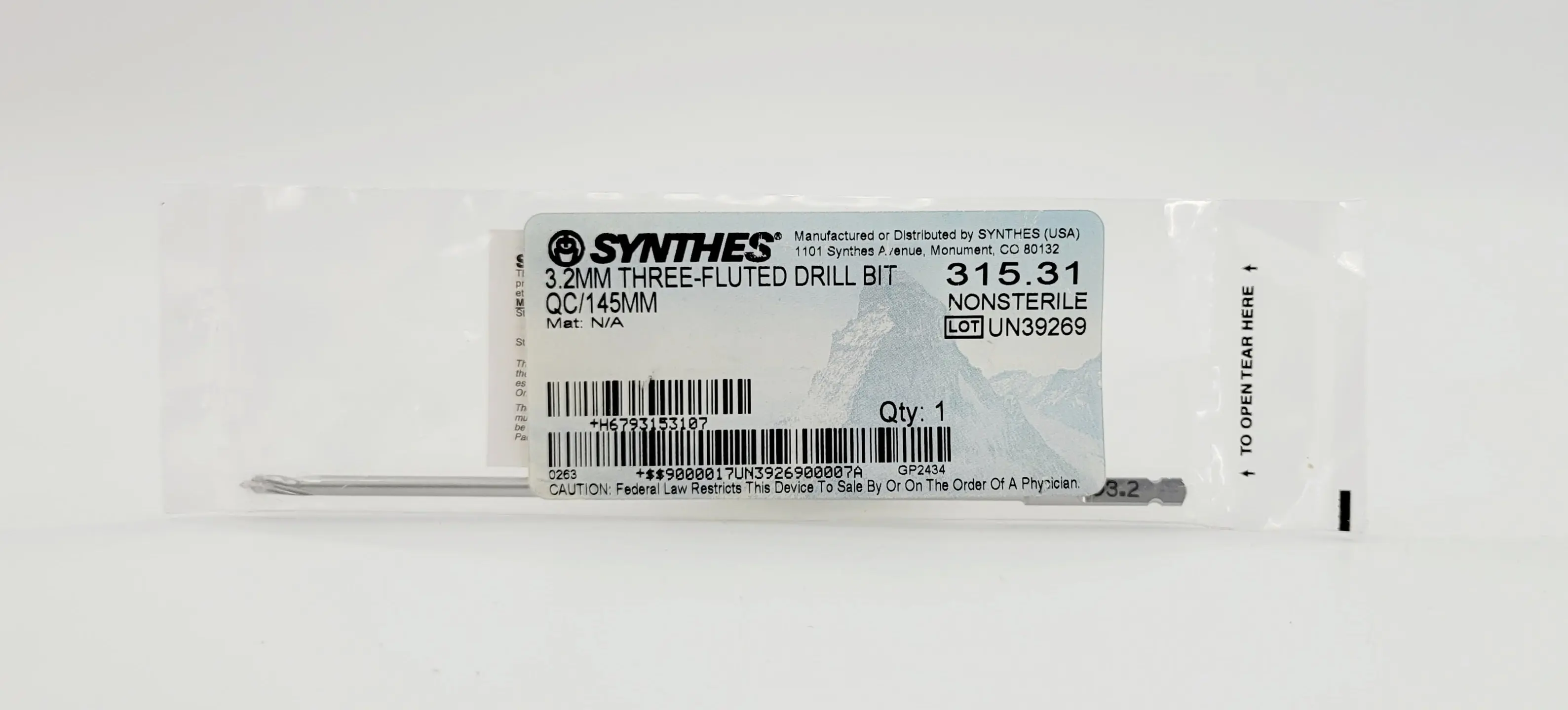 Synthes 315.31 3.2mm Three-Fluted Drill Bit QC 145mm Orthopedic Surgical Instrument - Image 2
