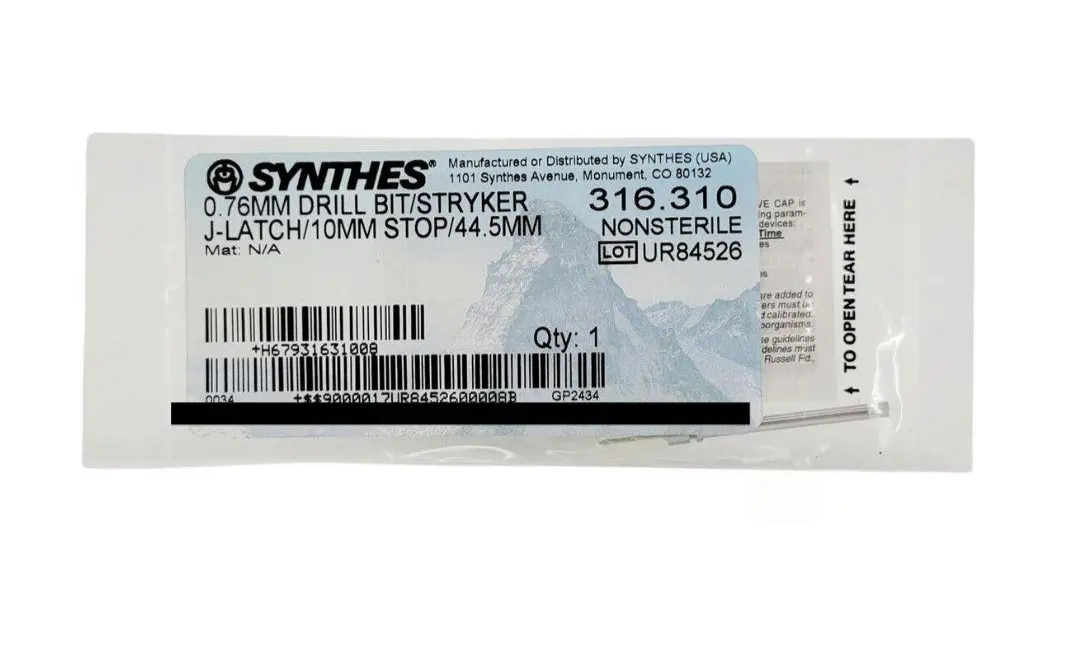 Synthes 316.310 Drill Bit 0.76mm / Stryker J-Latch 10mm Stop 1-3/4"