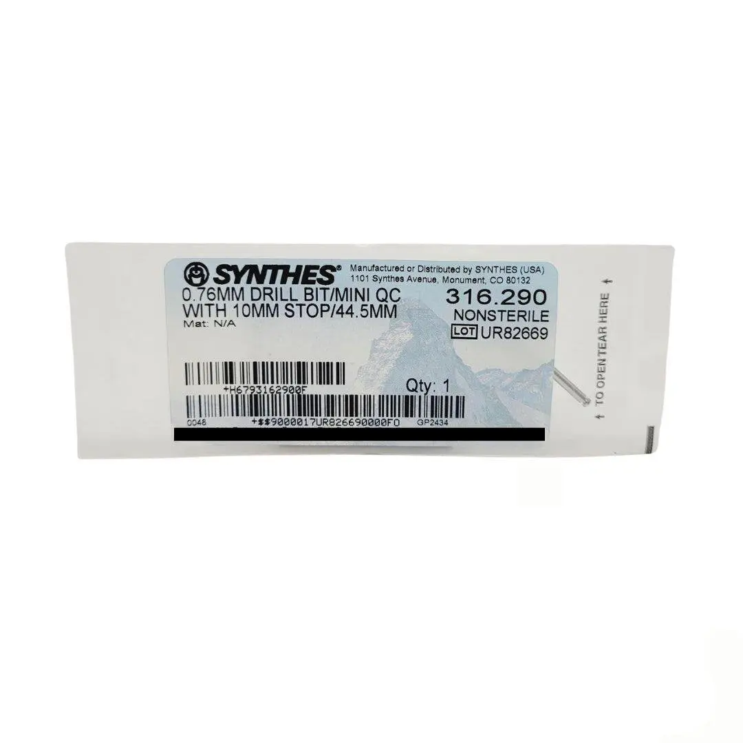 Synthes 316.290 Quick Connect Drill Bit 0.76mm w/ 10mm Stop Orthopedic 1-7/8"