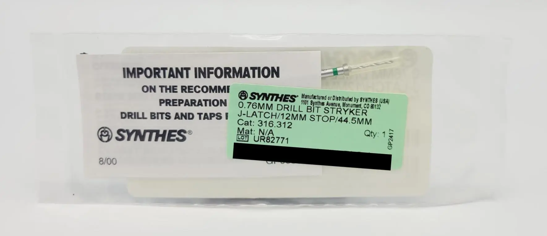 Synthes 316.312 Drill Bit 0.76mm Stryker J-Latch 12mm Stop Orthopedic 2" - Image 2