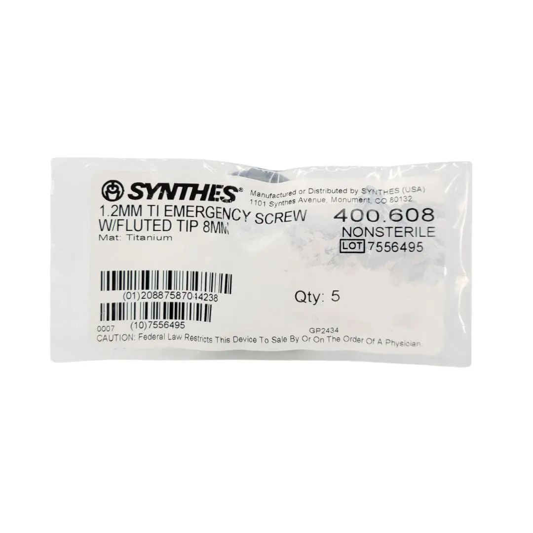 Synthes 400.608 1.2mm TI Emergency Screw w/Fluted Tip 8mm 5PK