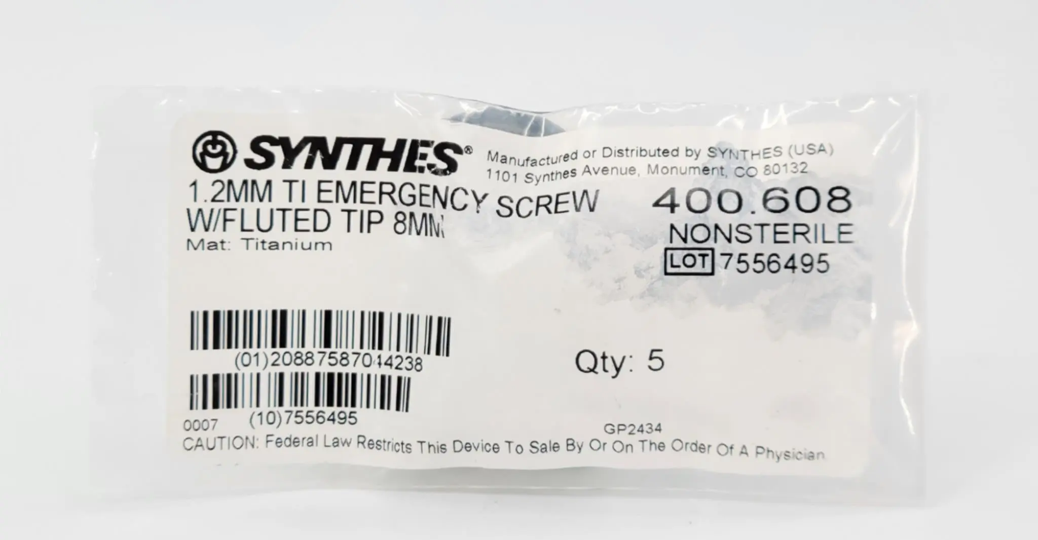 Synthes 400.608 1.2mm TI Emergency Screw w/Fluted Tip 8mm 5PK - Image 3