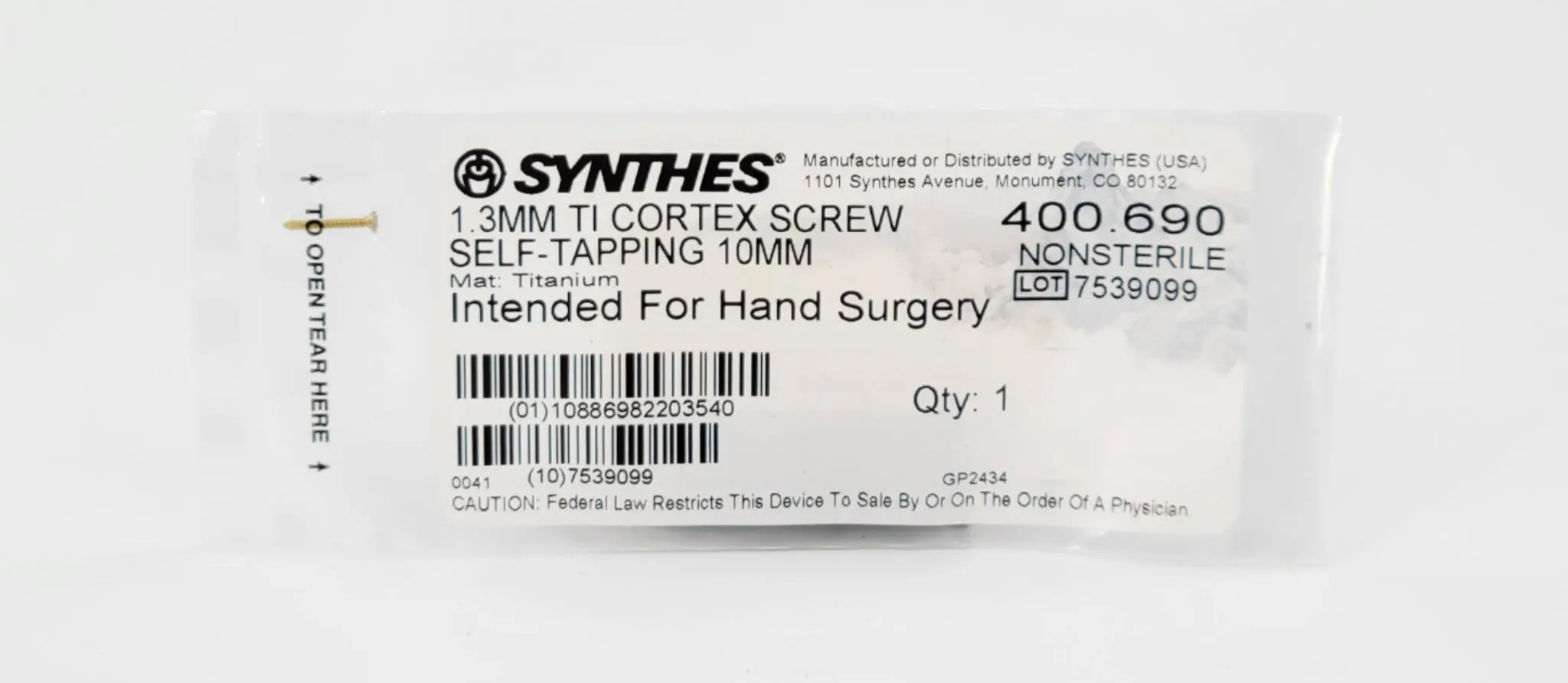 Synthes 400.690 1.3mm TI Cortex Screw Self-Tapping 10mm - Image 3