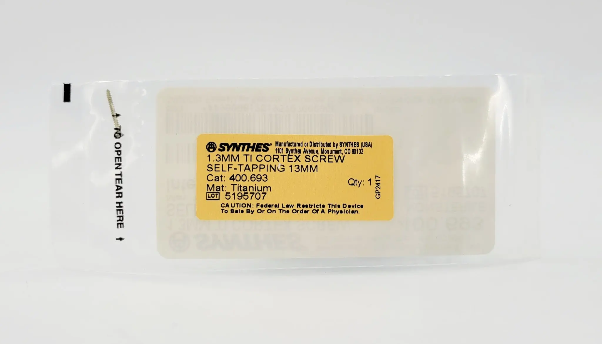Synthes 400.693 1.3mm TI Cortex Screw Self-Tapping 13mm - Image 3