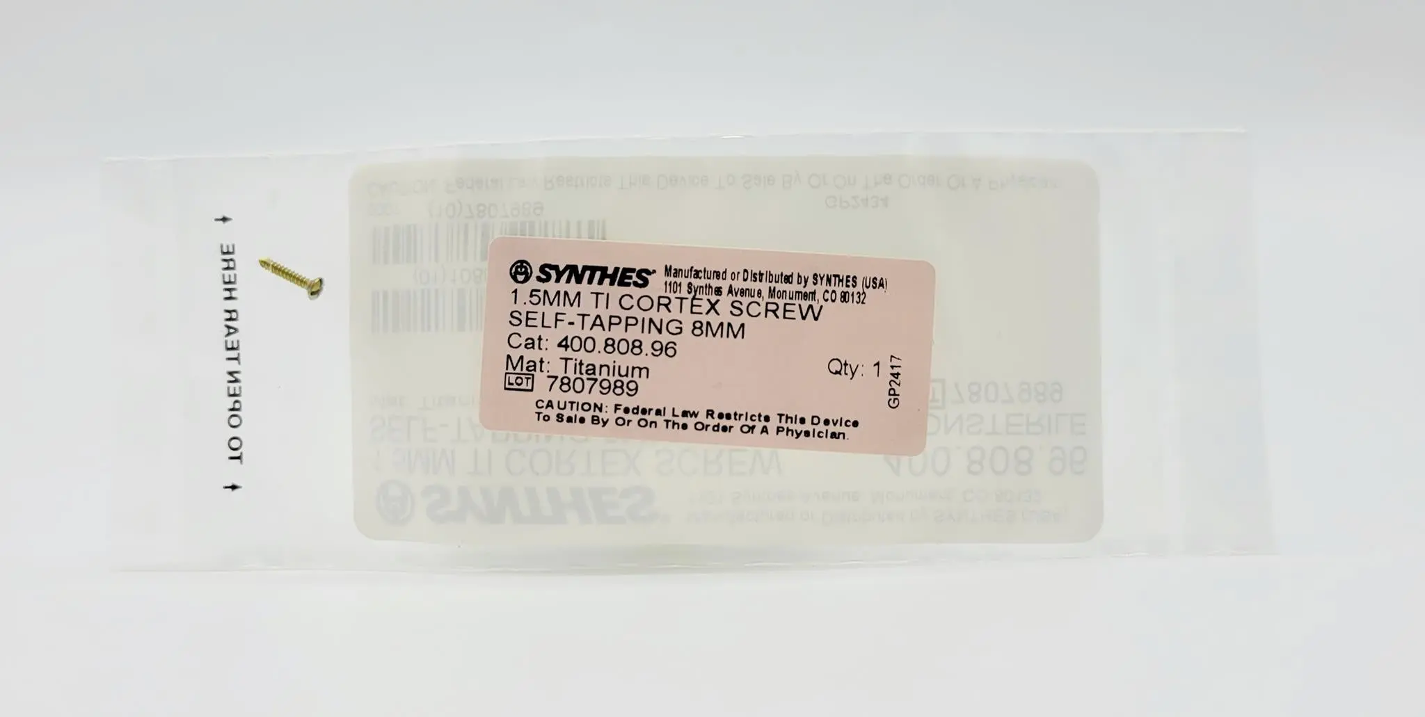 Synthes 400.808.96 1.5mm Ti Cortex Screw Self-Tapping 8mm - Image 3