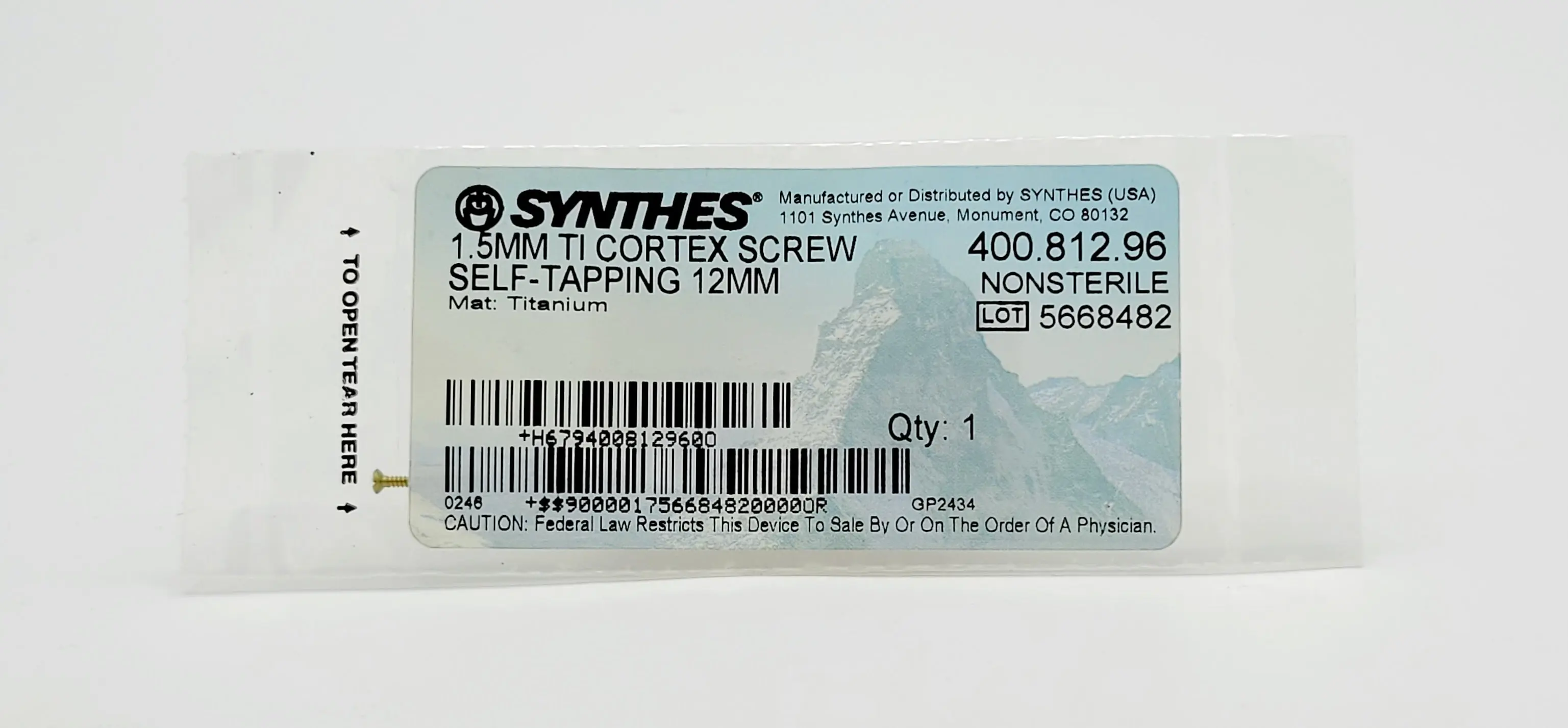 Synthes 400.812.96 1.5mm Ti Cortex Screw Self-Tapping 12mm Orthopedic Hardware