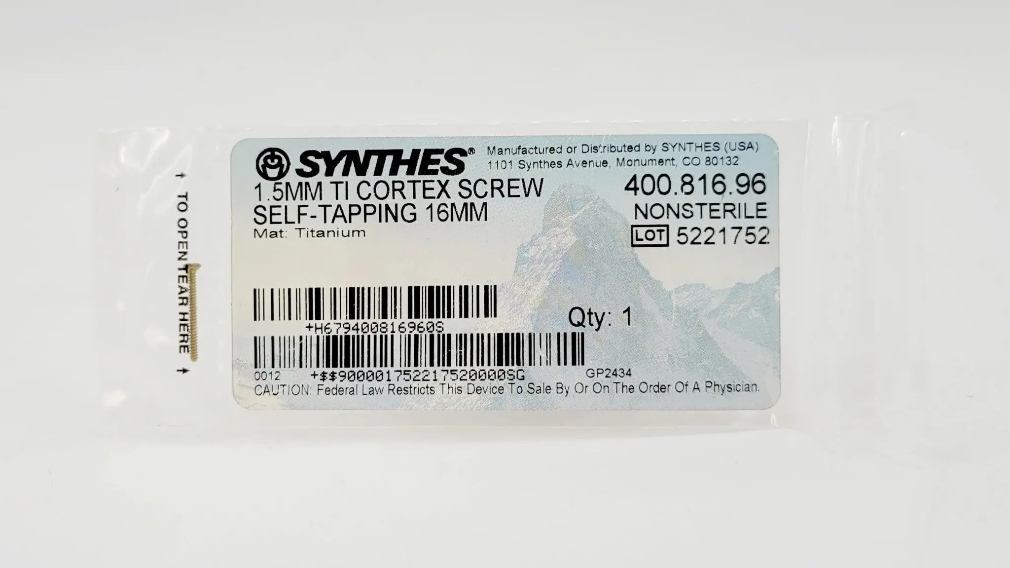 Synthes 400.816.96 1.5mm TI Cortex Screw Self-Tapping 16mm - Image 2