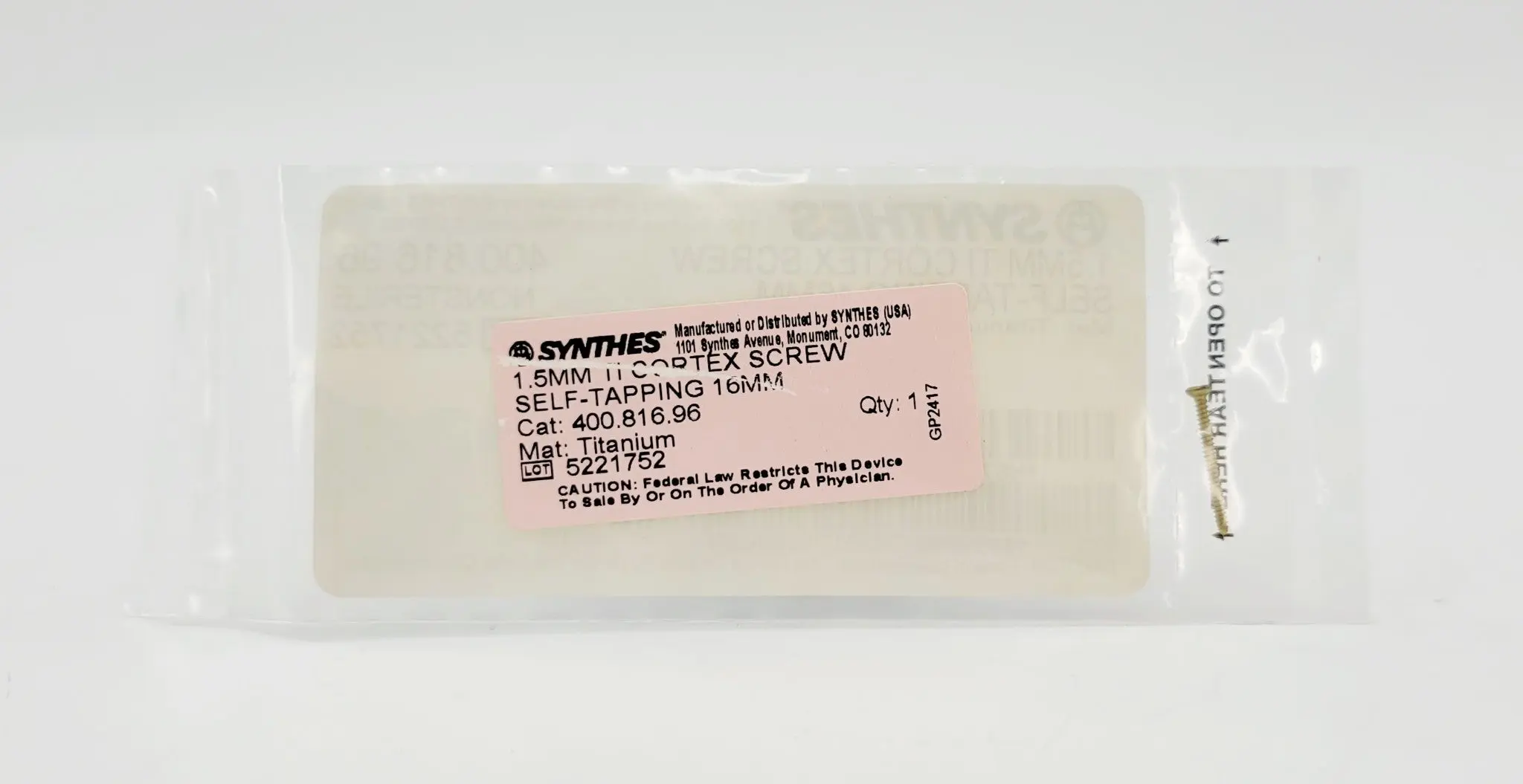 Synthes 400.816.96 1.5mm TI Cortex Screw Self-Tapping 16mm - Image 3