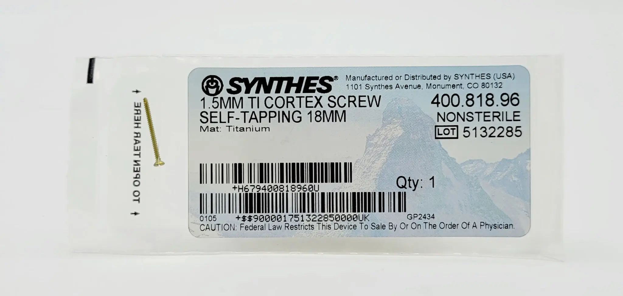 Synthes 400.818.96 1.5mm TI Cortex Screw Self-Tapping 18mm - Image 2