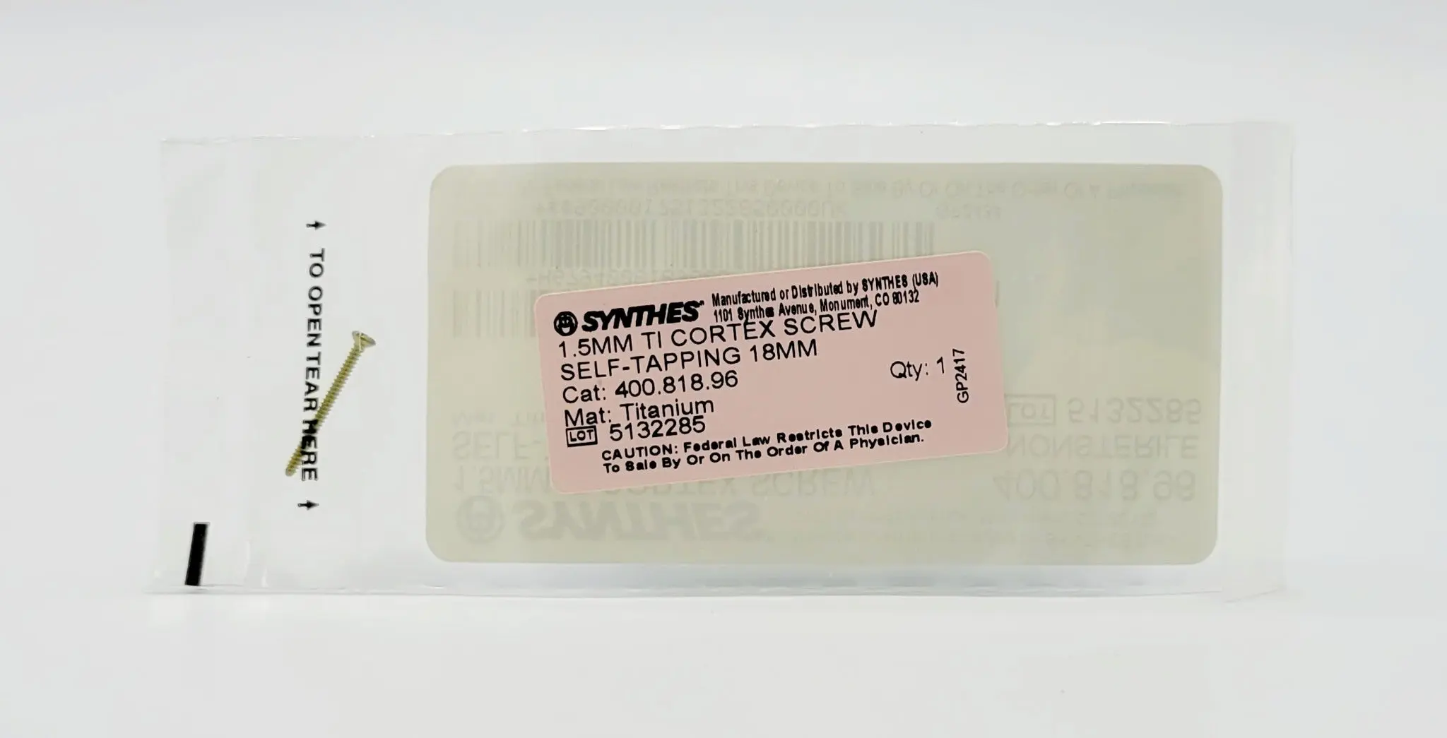 Synthes 400.818.96 1.5mm TI Cortex Screw Self-Tapping 18mm - Image 3