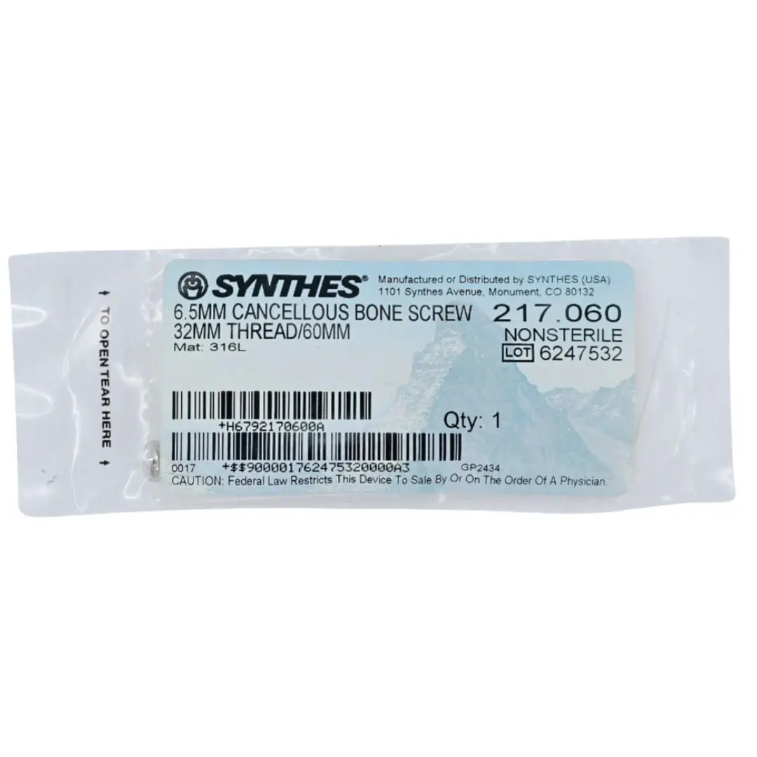 Synthes 217.060 6.5mm Cancellous Bone Screw 32mm Thread/60mm