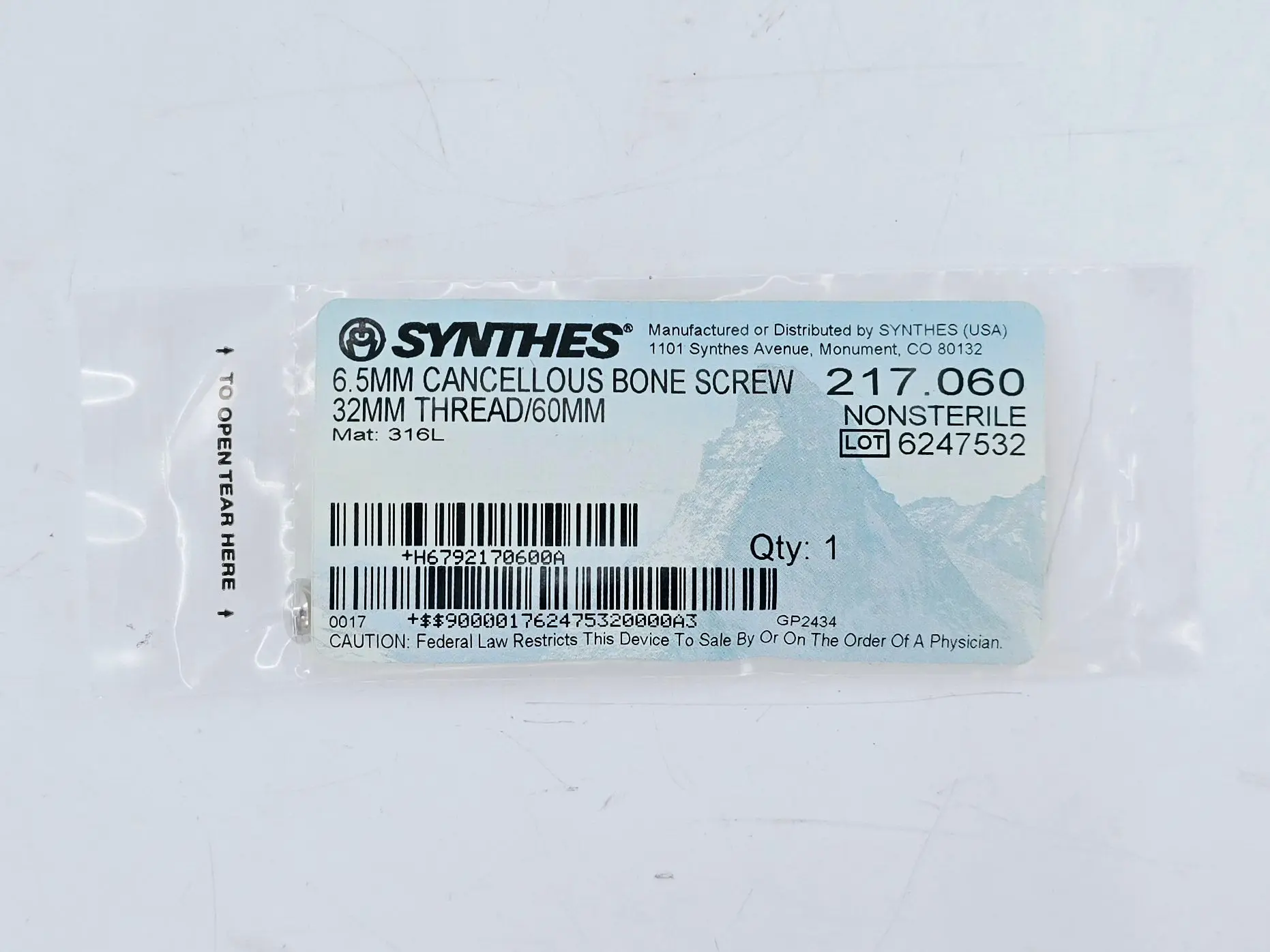 Synthes 217.060 6.5mm Cancellous Bone Screw 32mm Thread/60mm - Image 2