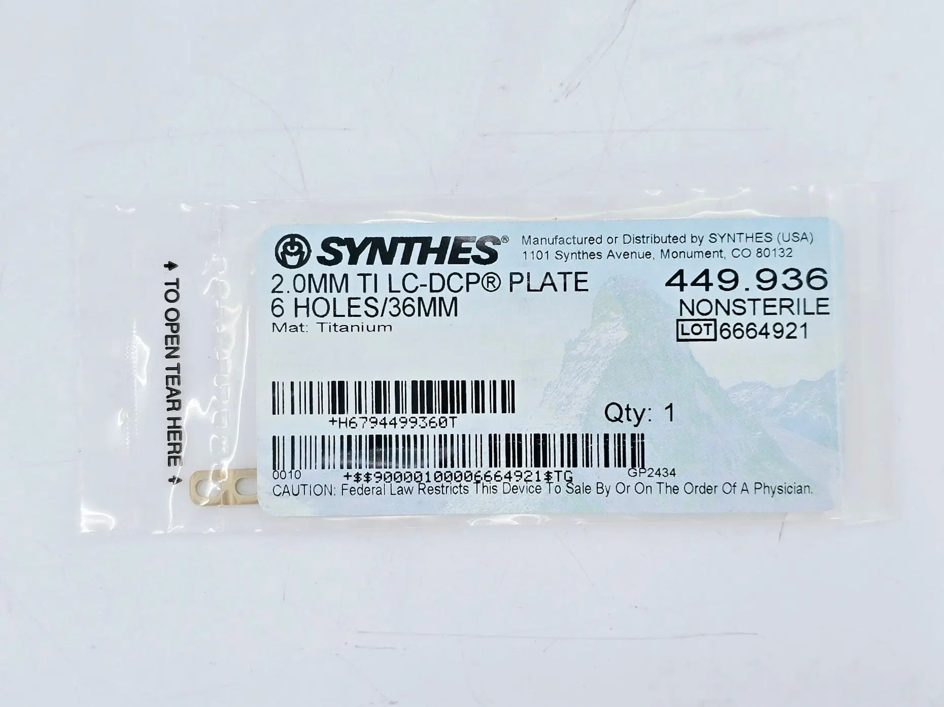 Synthes 449.936 2.0mm TI LC-DCP Plate 6 Holes/36mm - Image 2