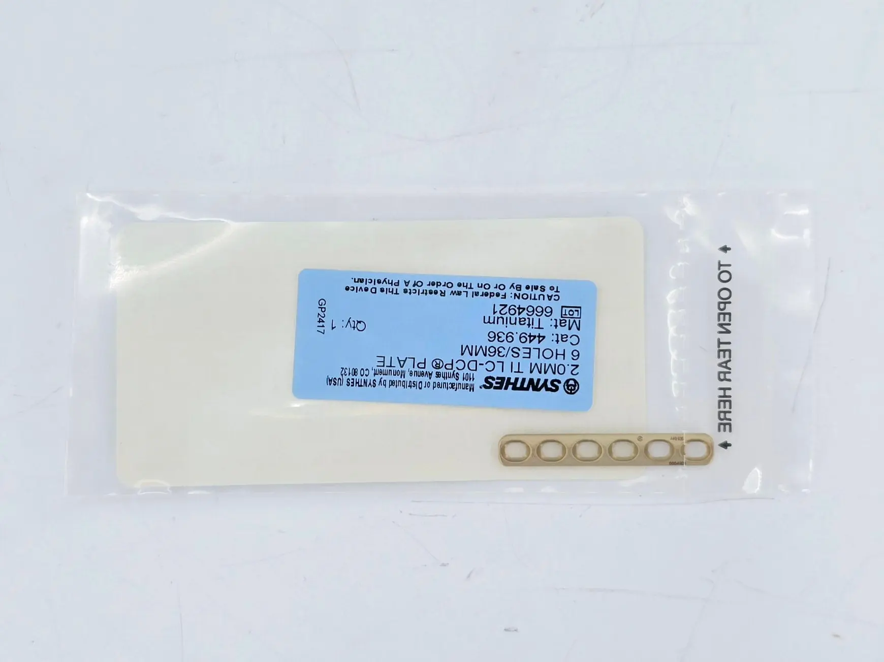 Synthes 449.936 2.0mm TI LC-DCP Plate 6 Holes/36mm - Image 3