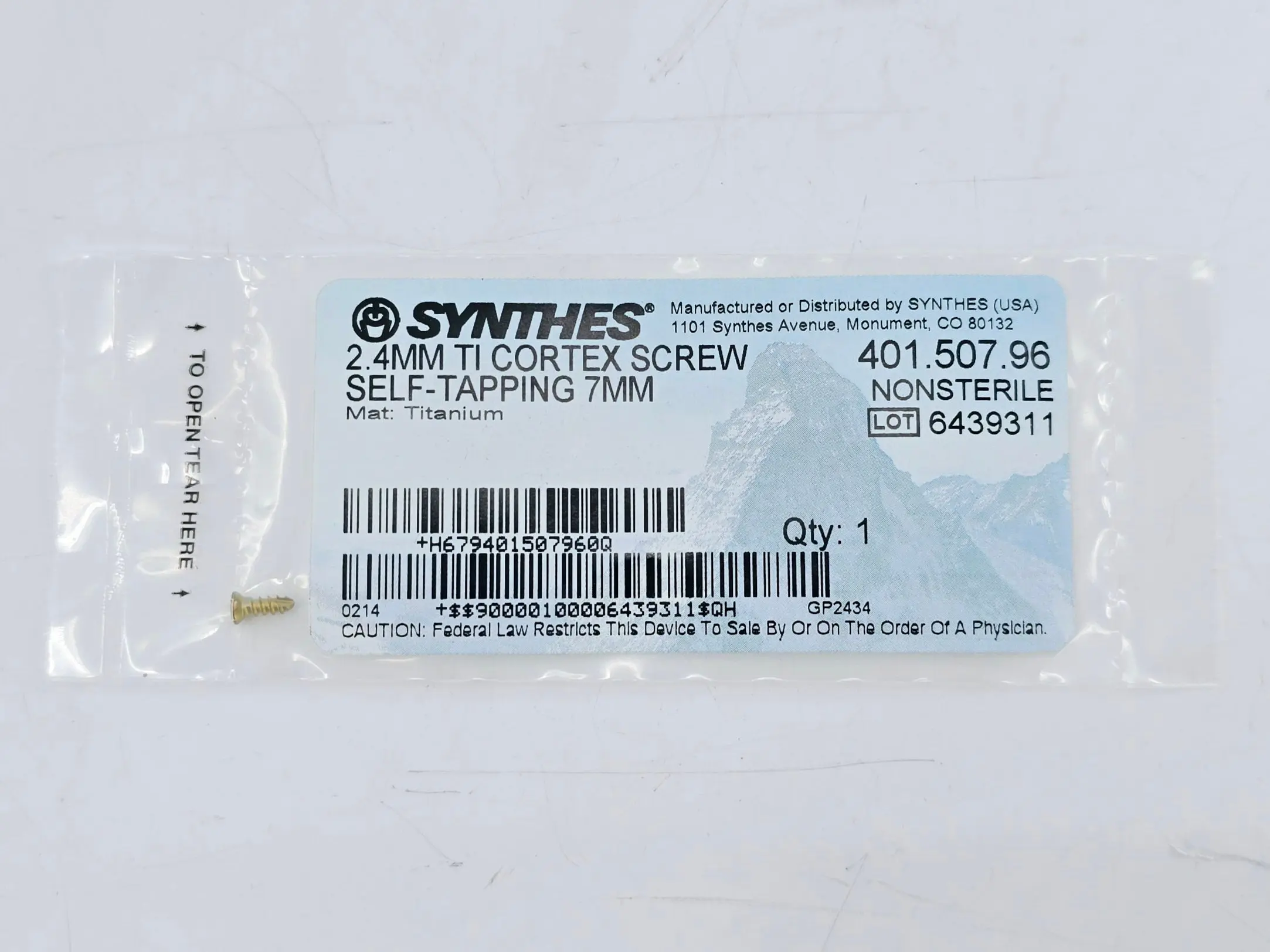 Synthes 401.507.96 2.4mm TI Cortex Screw Self-Tapping 7mm - Image 2