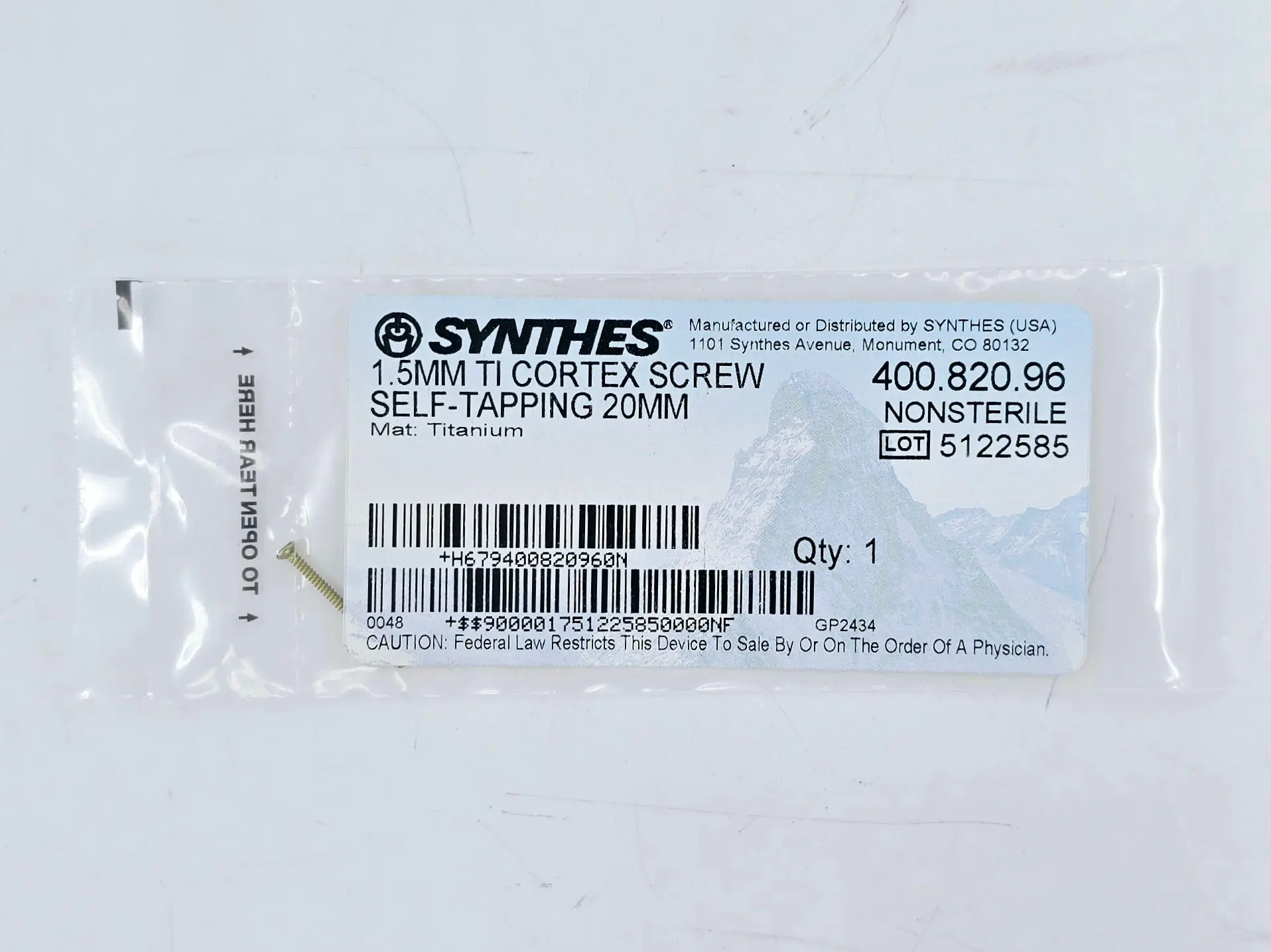 Synthes 400.820.96 1.5mm TI Cortex Screw Self-Tapping 20mm - Image 2