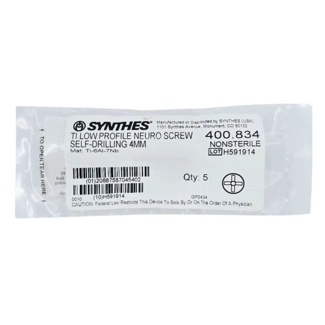 Synthes 400.834 TI Low Profile Neuro Screw Self-Drilling 4mm Pack of 5