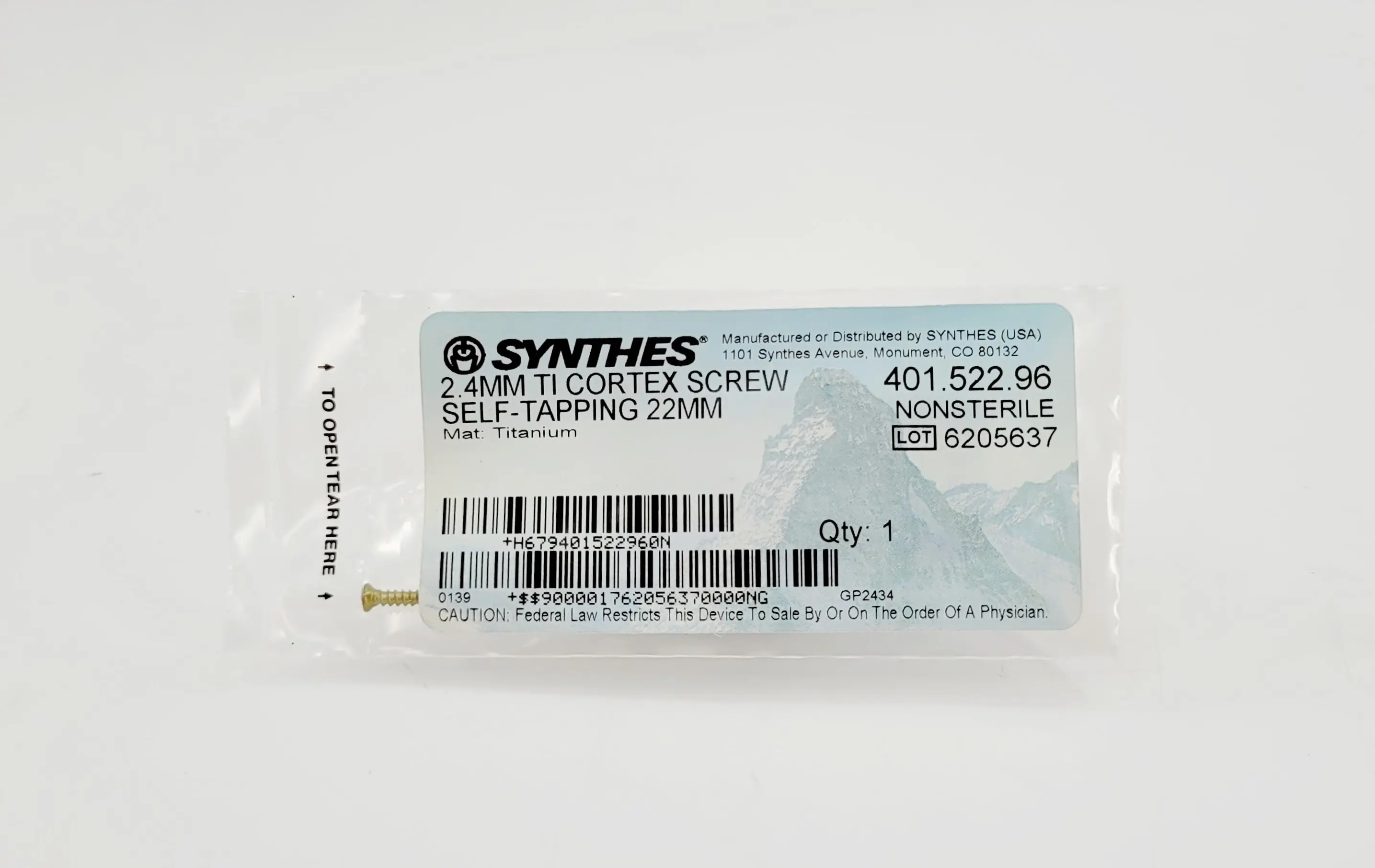 Synthes 401.522.96 2.4mm Ti cortex screw self-tapping 22mm orthopedic hardware - Image 2