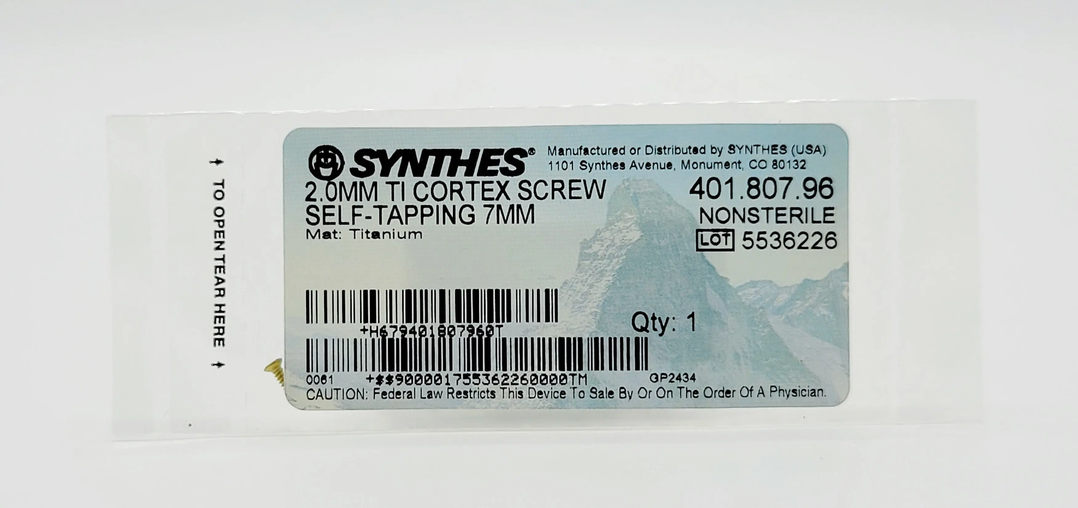 Synthes 401.807.96 2.0MM TI Cortex Screw Self Tapping 7MM