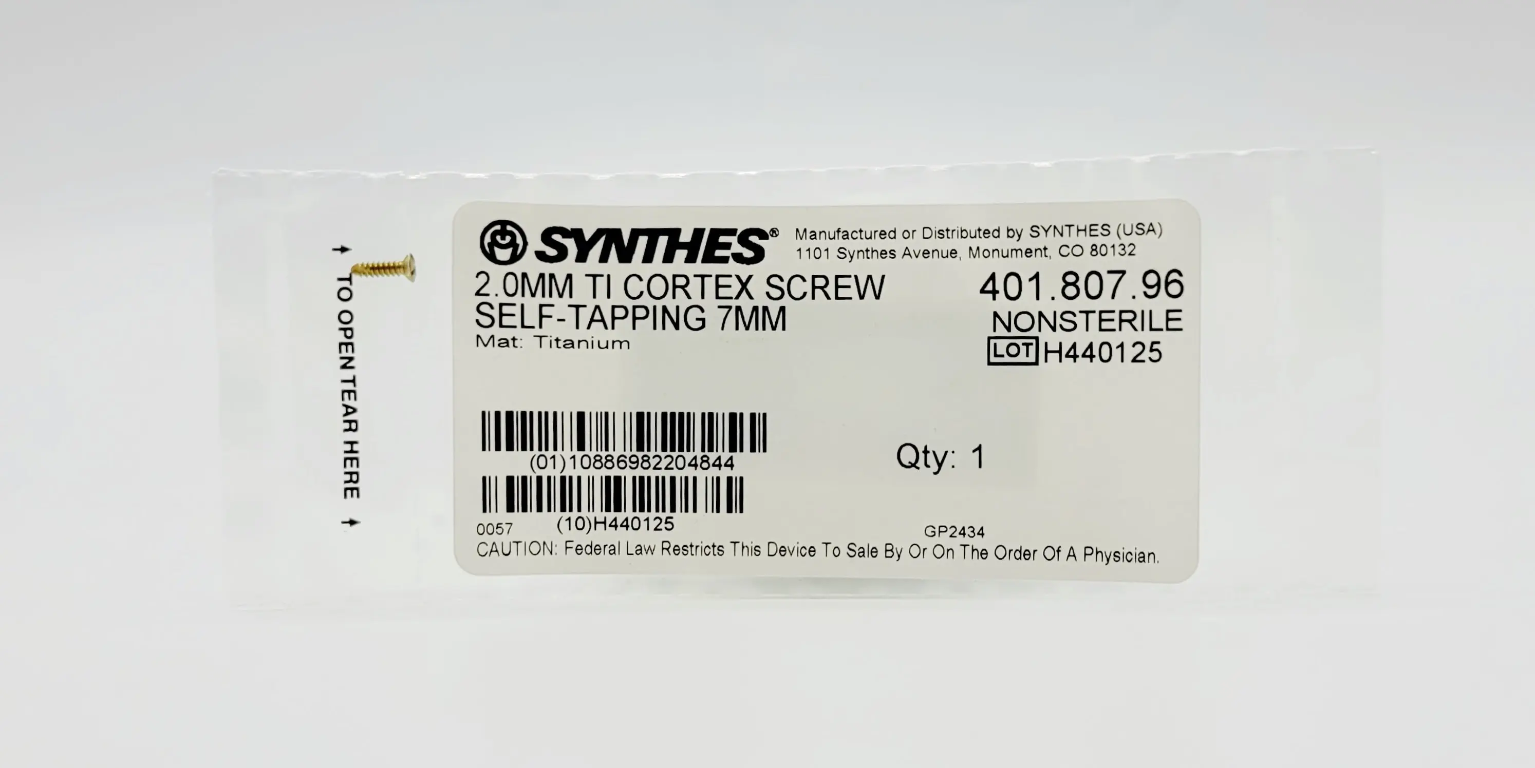 Synthes 401.807.96 2.0MM TI Cortex Screw Self Tapping 7MM - Image 2