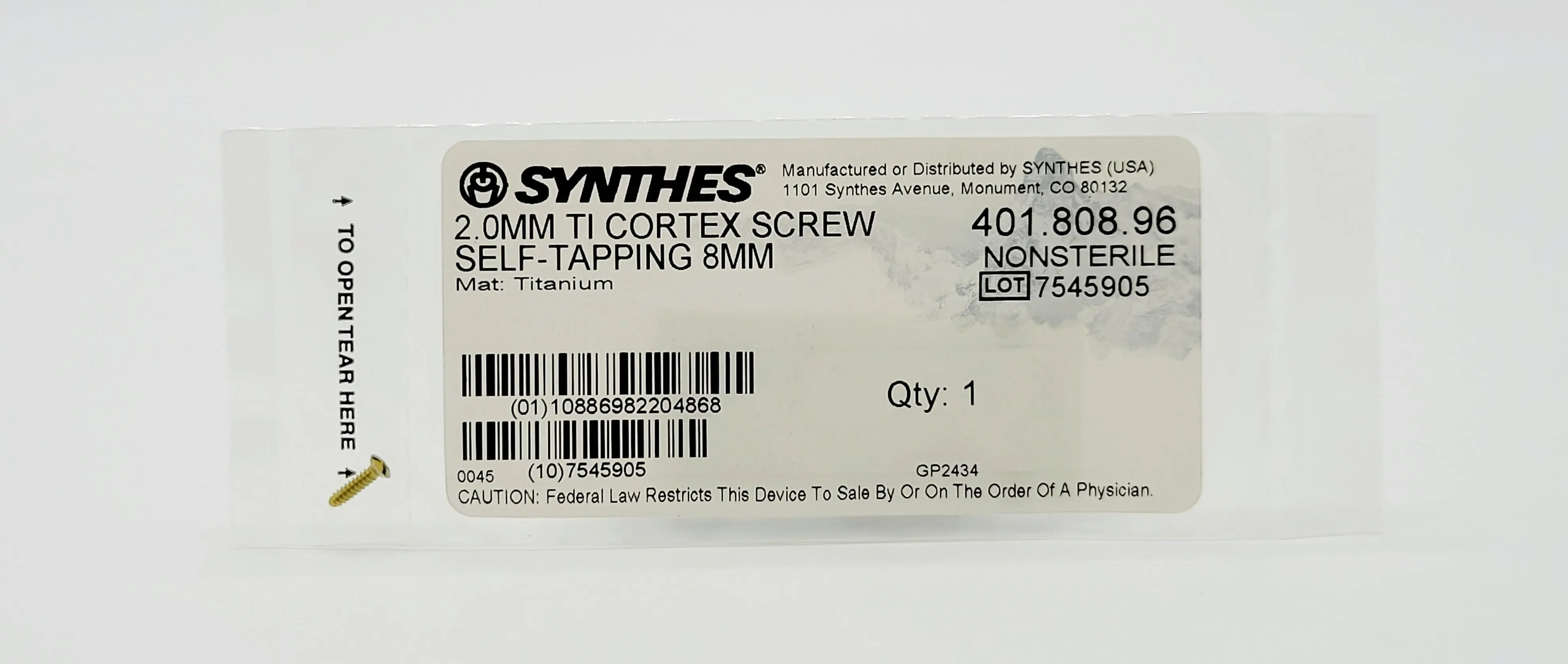 Synthes 401.808.96 2.0mm Ti Cortex Screw Self-Tapping 8mm Orthopedic Hardware - Image 2