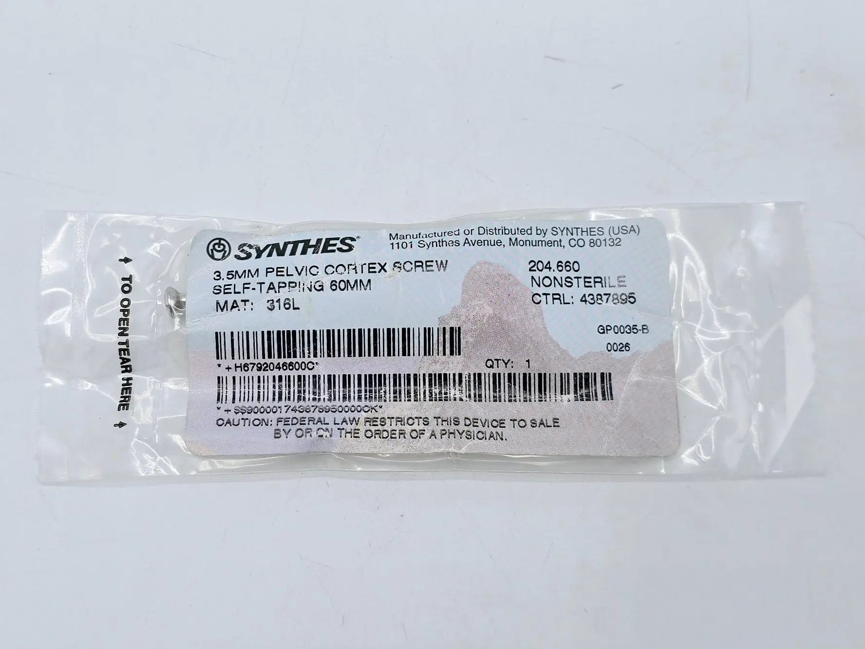 Synthes 204.660 3.5mm Pelvic Cortex Screw Self-Tapping 60mm - Image 2