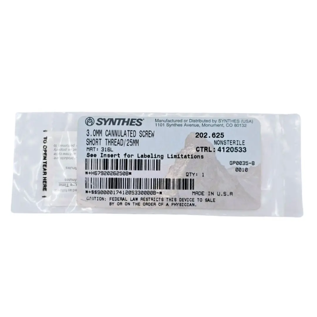 Synthes 202.625 3.0mm Cannulated Screw Short Thread 25mm