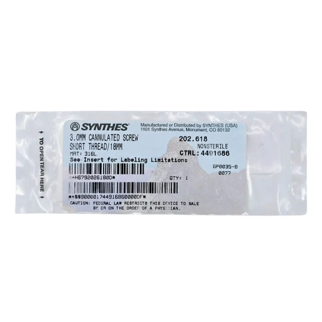 Synthes 202.618 3.0mm Cannulated Screw Short Thread/18mm