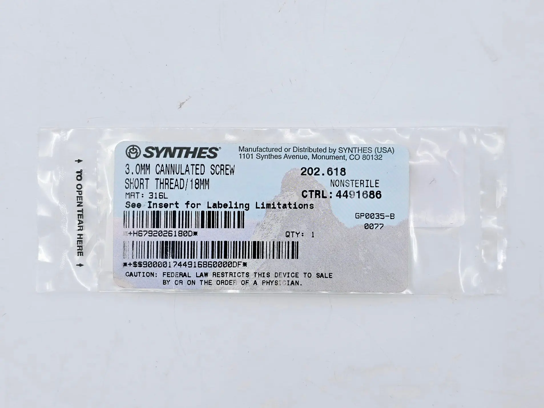 Synthes 202.618 3.0mm Cannulated Screw Short Thread/18mm - Image 2