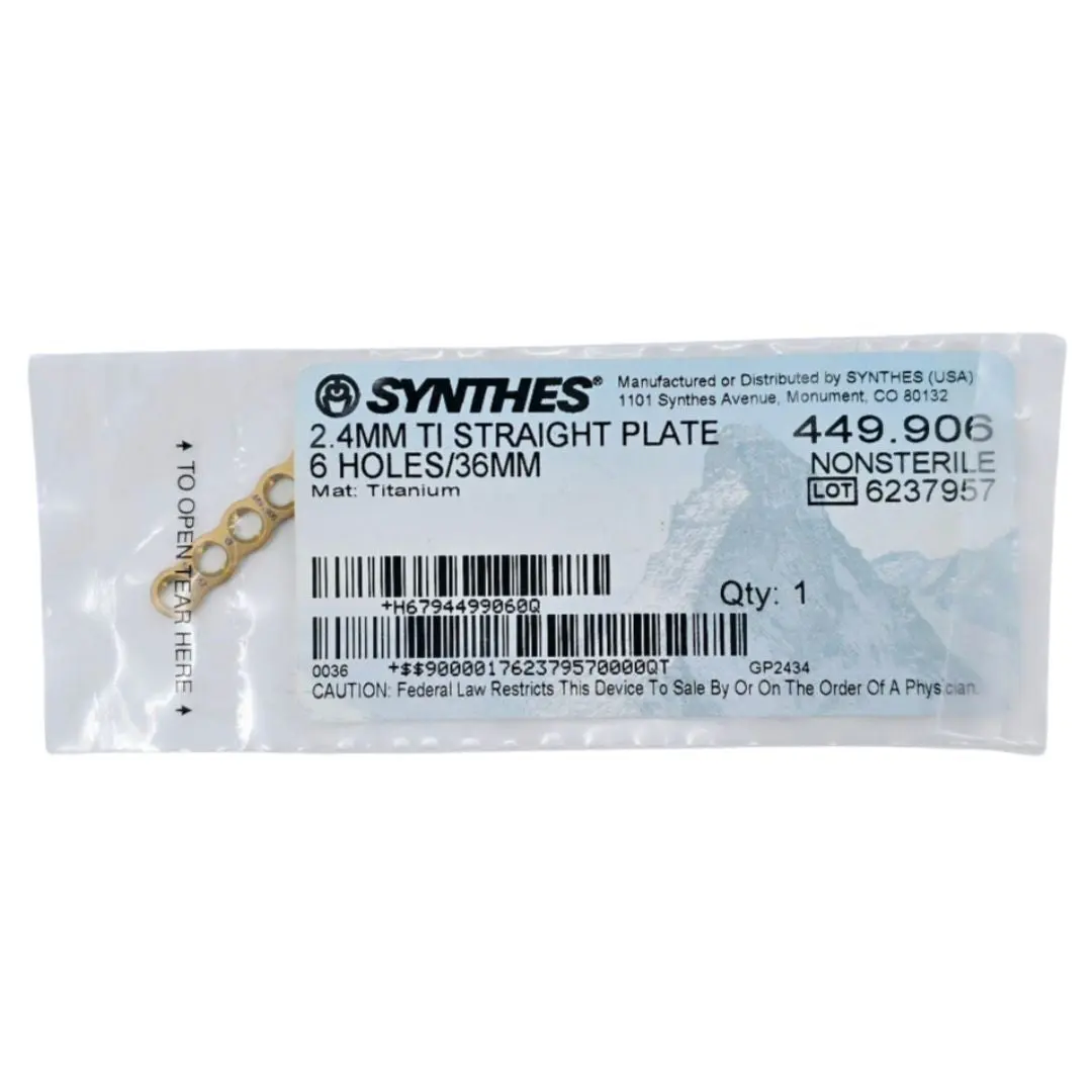 Synthes 449.906 2.4mm TI Straight Plate 6 Holes/36mm