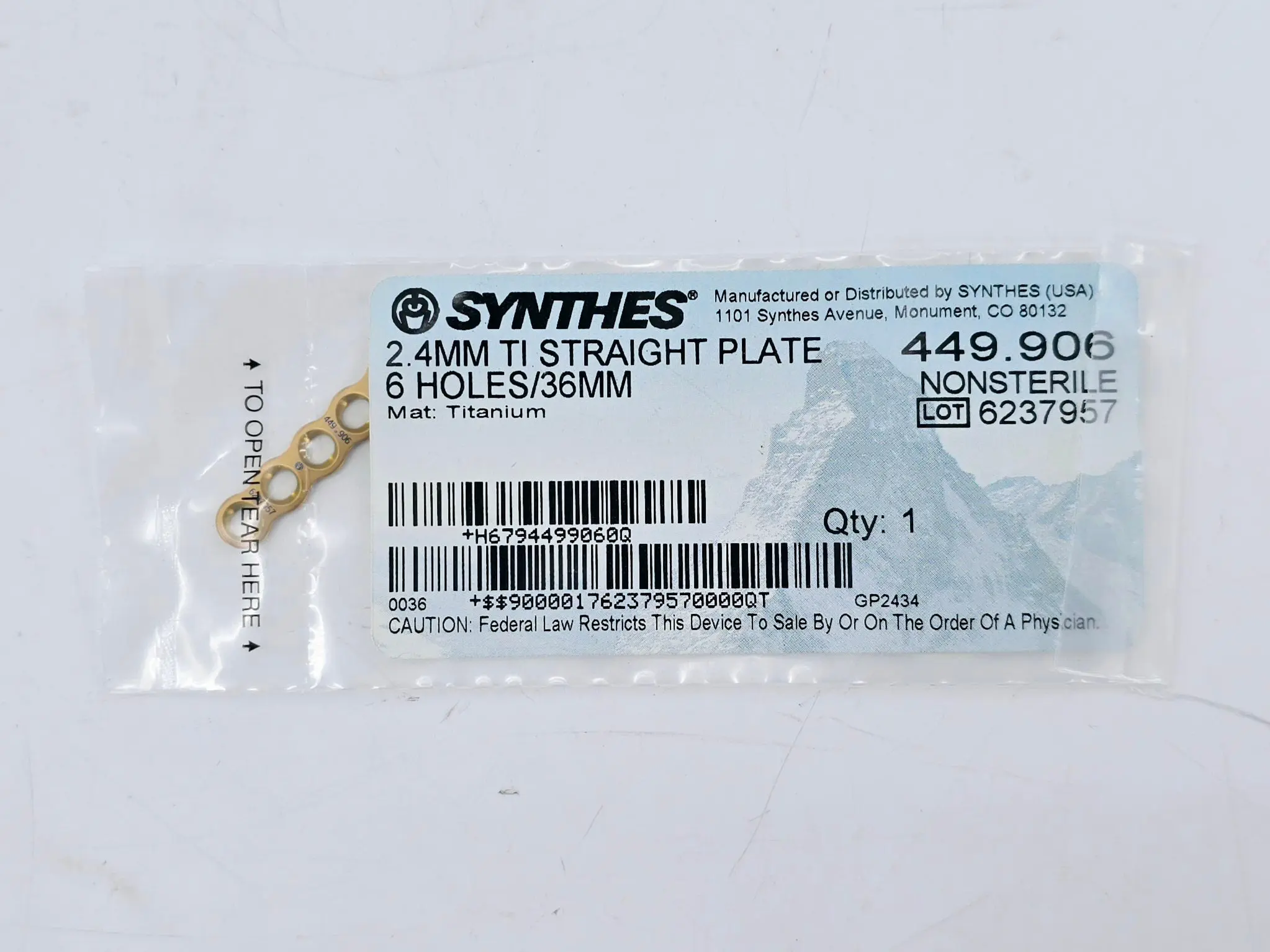 Synthes 449.906 2.4mm TI Straight Plate 6 Holes/36mm - Image 2