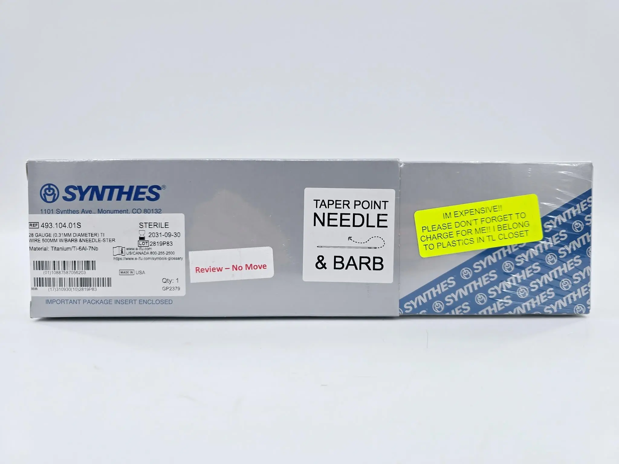 Synthes 493.104.01S 28 Gauge/ .31mm Dia. TI Wire 500mm w/ Barb & Needle Sterile - Image 2