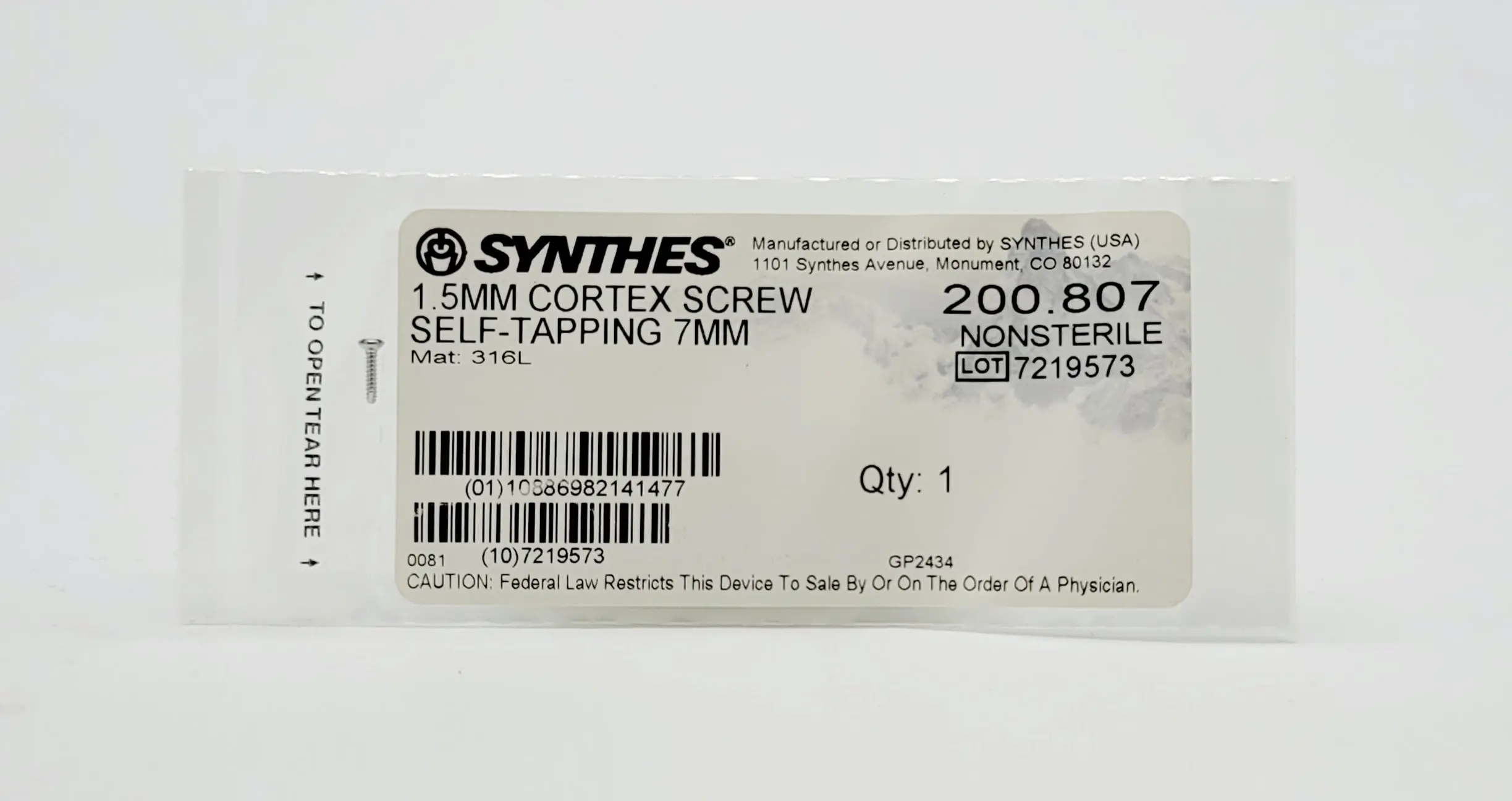 Synthes 200.807 1.5mm Cortex Screw Self-tapping 7mm - Image 2