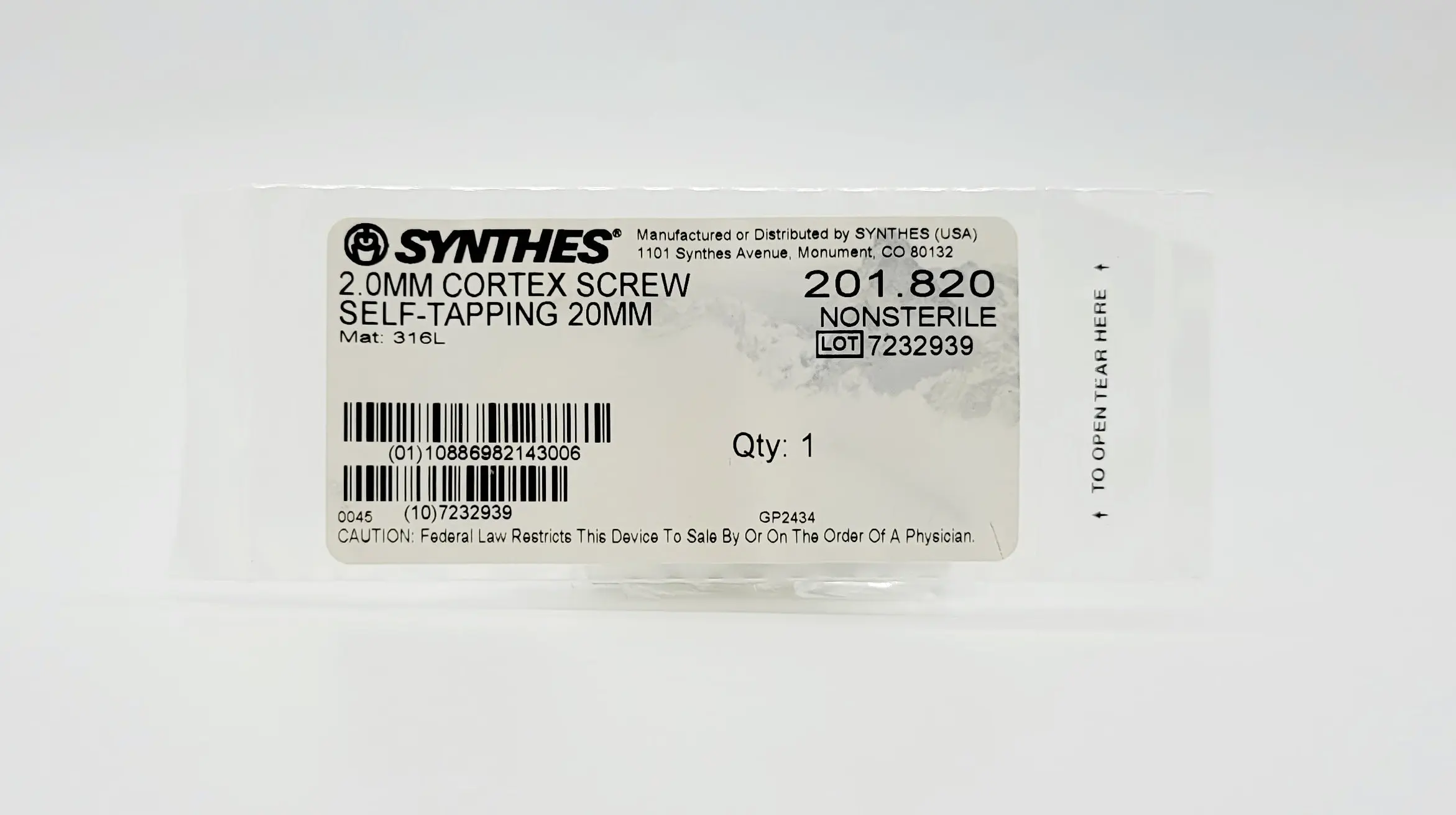 Synthes 201.820 2.0mm Cortex Screw Self-Tapping 20mm - Image 2
