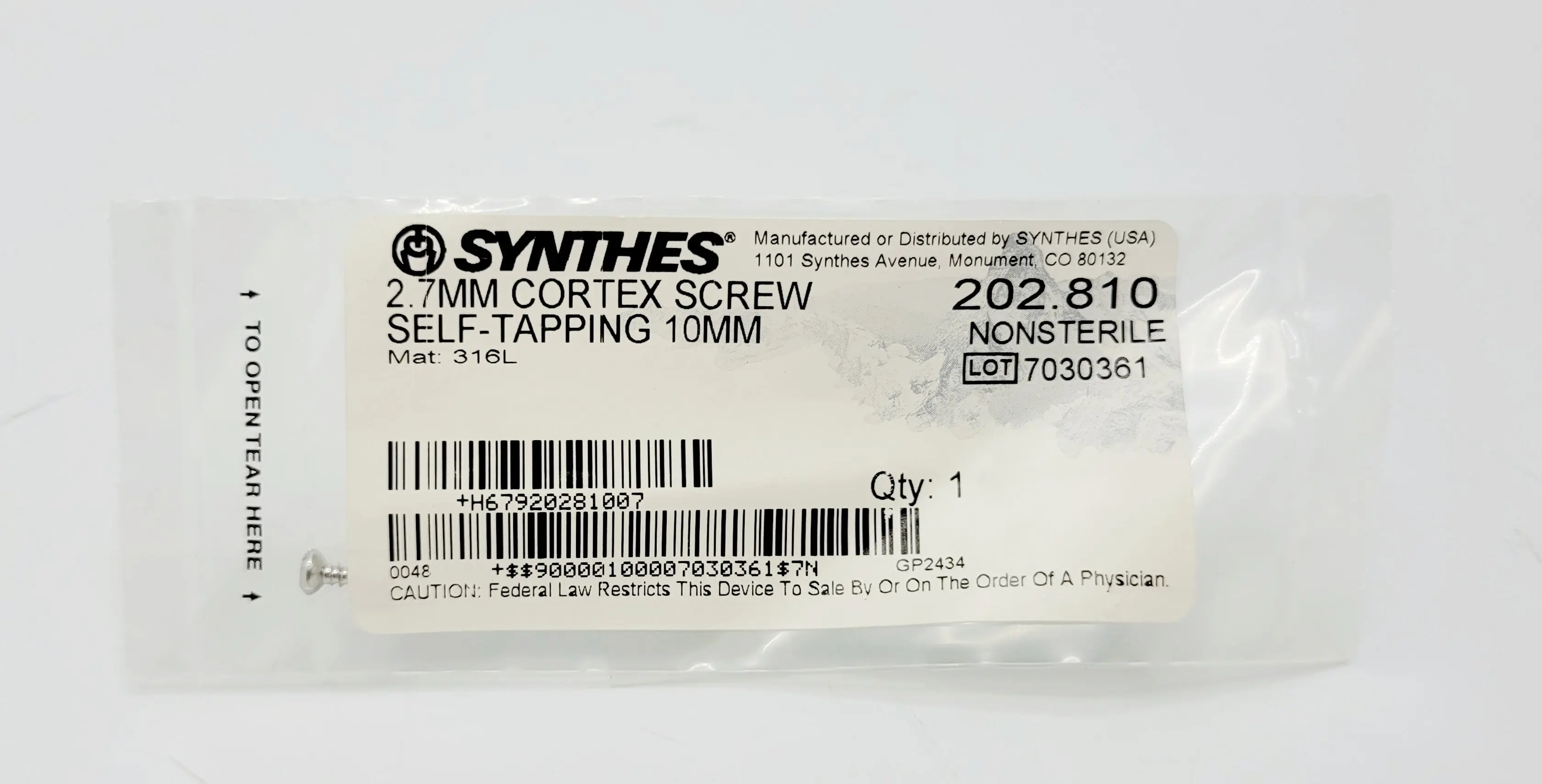 Synthes 202.810 2.7mm Cortex Screw Self-tapping 10mm - Image 2