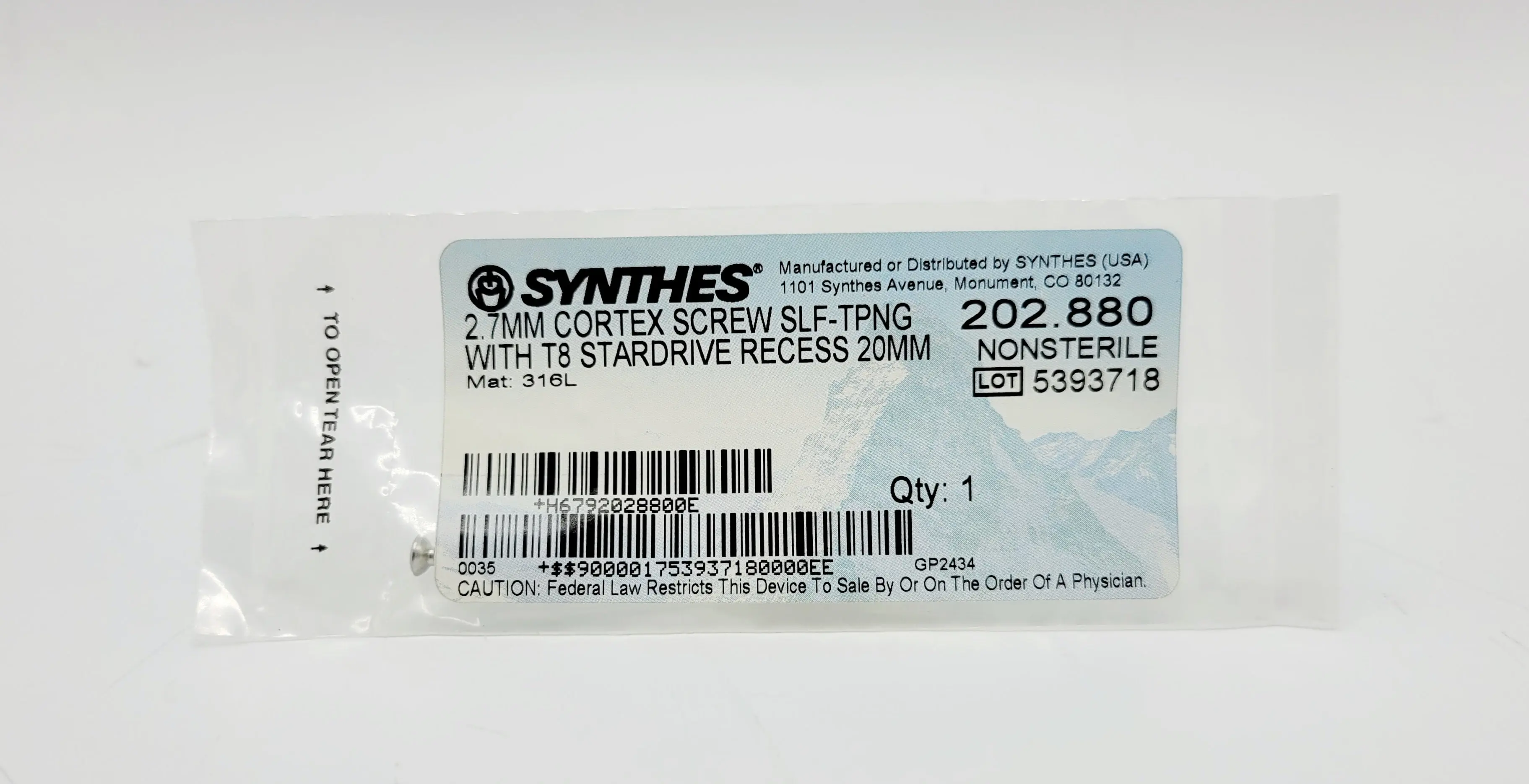 Synthes 202.880 2.7mm Cortex Screw Self-tapping With T8 Stardrive Recess 20mm - Image 2