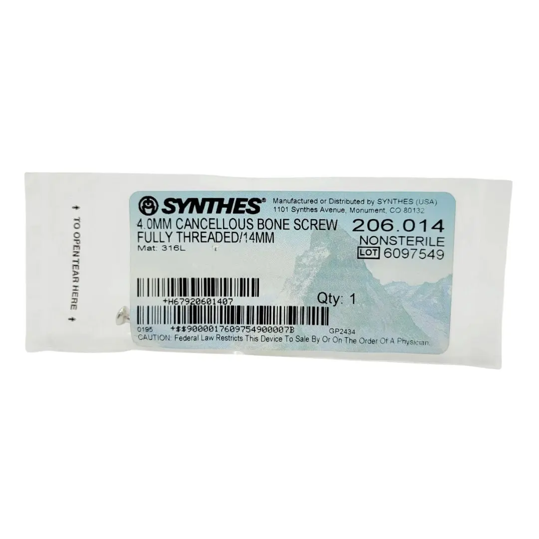 Synthes 206.014 4.0mm Cancellous Bone Screw Fully Threaded/14mm