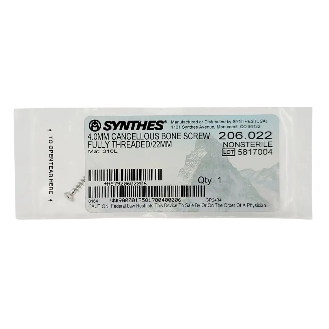 Synthes 206.022 4.0mm Cancellous Bone Screw Fully Threaded/22mm