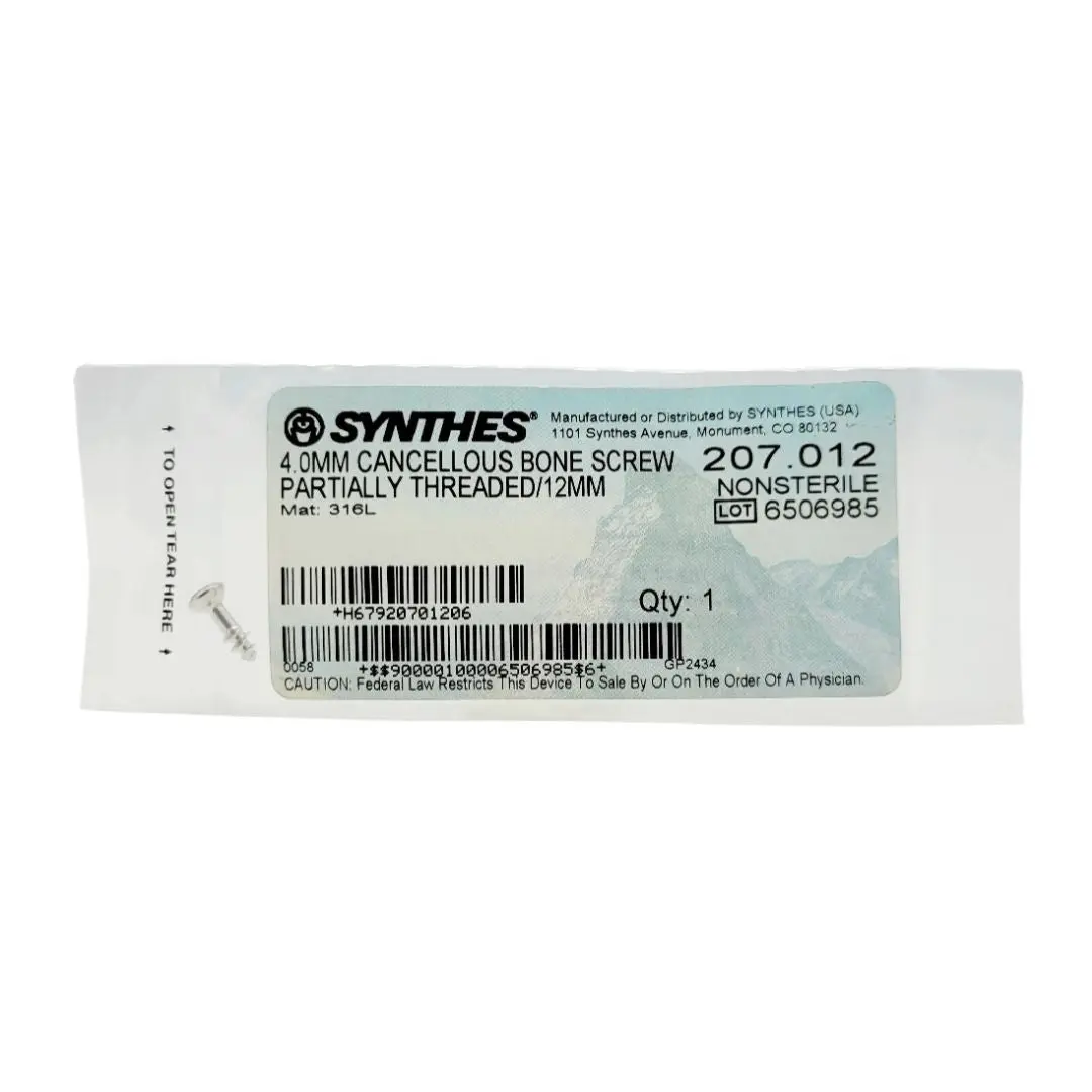 Synthes 207.012 4.0mm Cancellous Bone Screw Partially Threaded/12mm