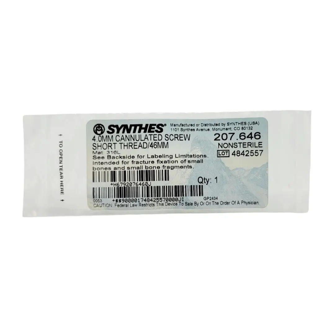 Synthes 207.646 4.0mm Cannulated Screw Short Thread/46mm