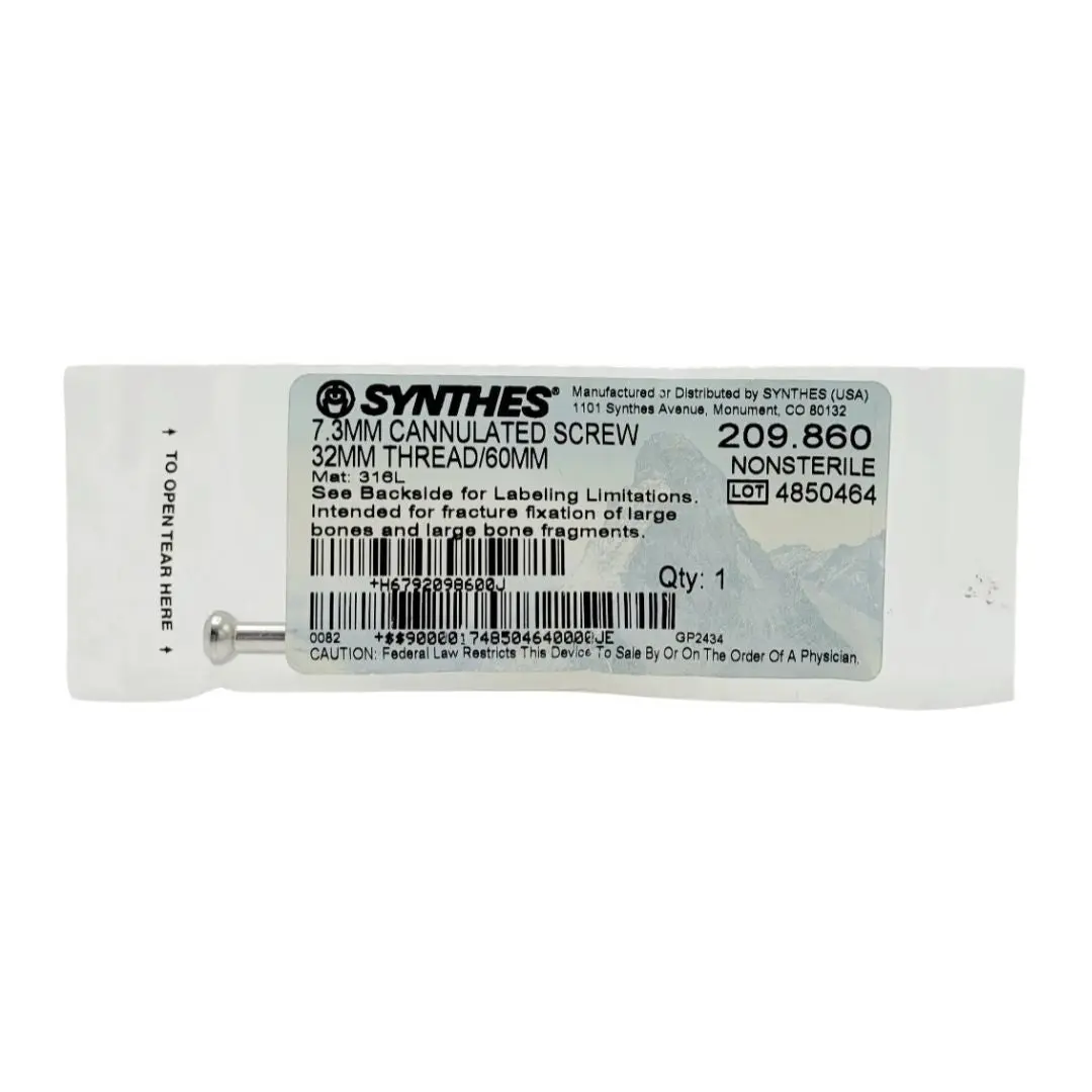 Synthes 209.860 7.3mm Cannulated Screw 32mm Thread/60mm