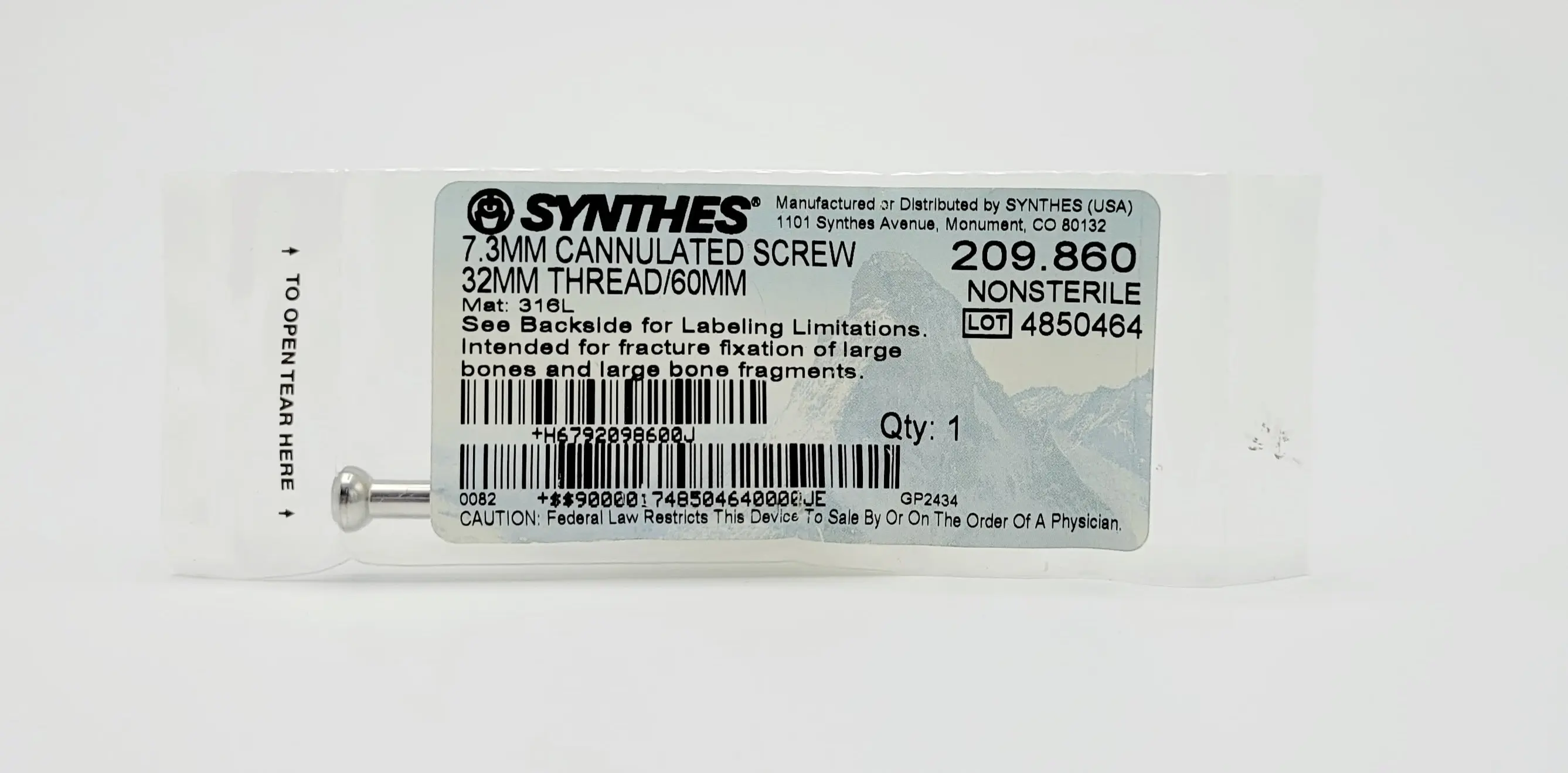 Synthes 209.860 7.3mm Cannulated Screw 32mm Thread/60mm - Image 2