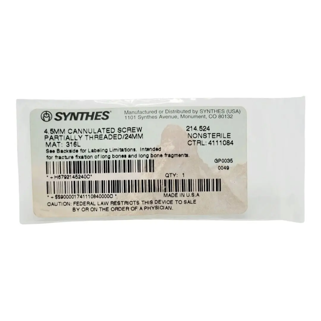 Synthes 214.524 4.5mm Cannulated Screw Partially Threaded/24mm