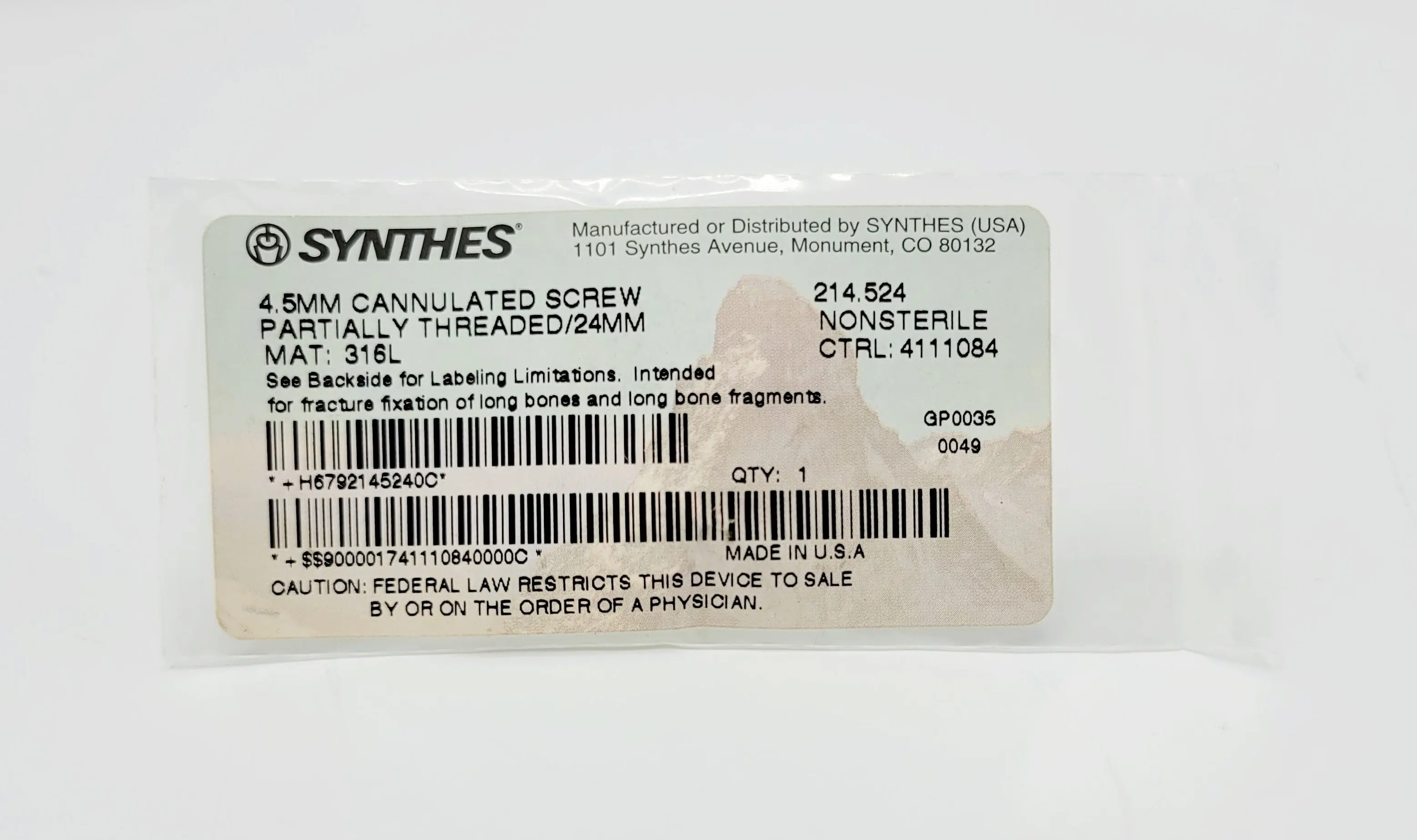 Synthes 214.524 4.5mm Cannulated Screw Partially Threaded/24mm - Image 2