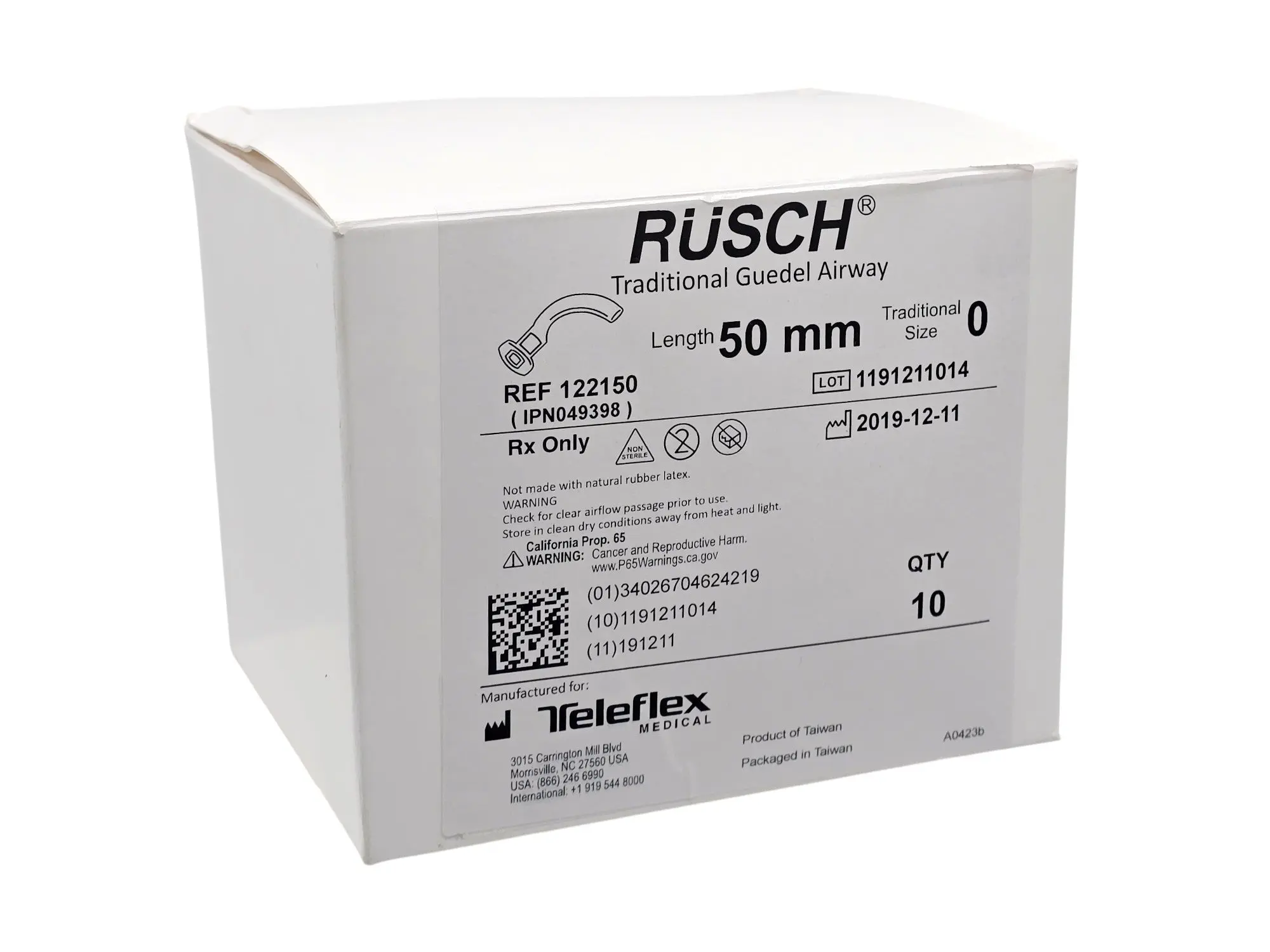 Teleflex 122150 Traditional Guedel Airway 50mm Traditional Size 0 BX/10