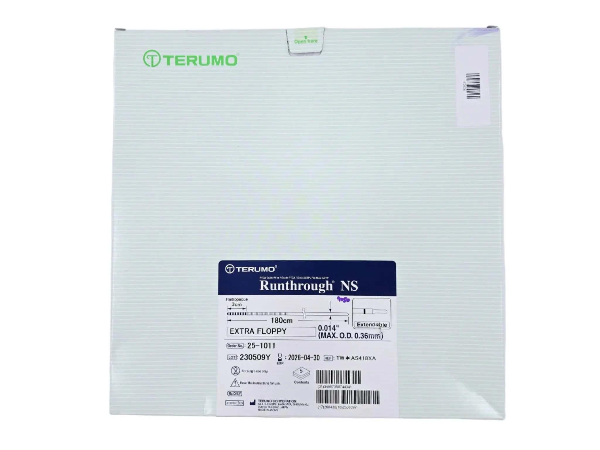 Terumo 25-1011 Runthrough NS Extra Floppy PTCA Guidewire 180cm Length .014" I.D. BX/5